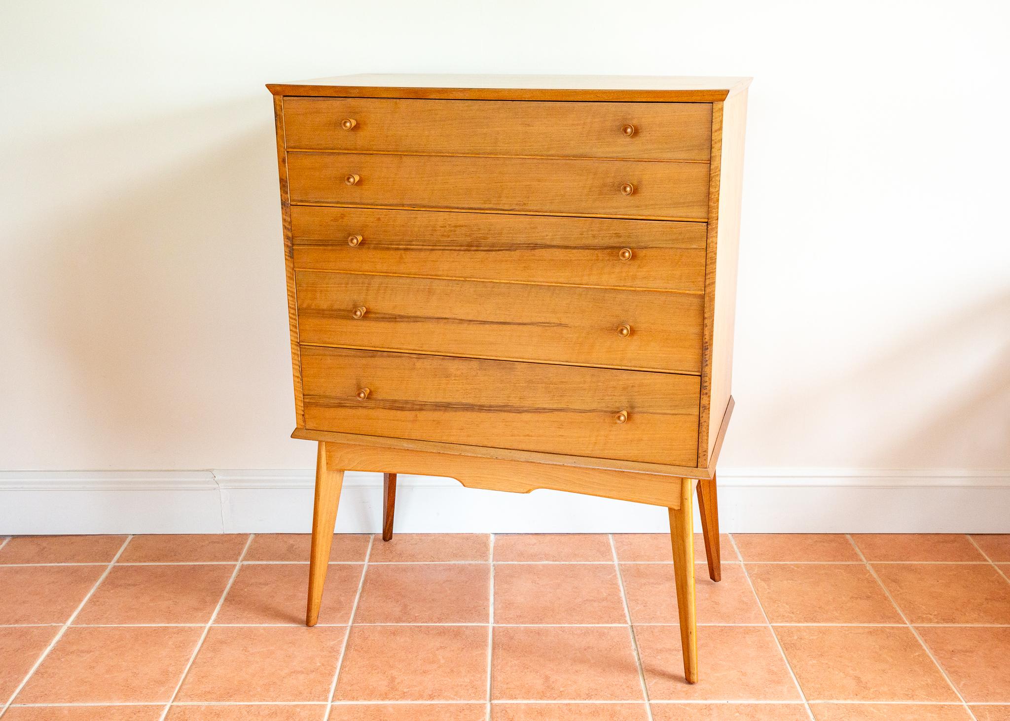 Blonde Mid Century Chest Of Drawers Tallboy Highboy Walnut Alfred Cox Heals 1960 For Sale 5