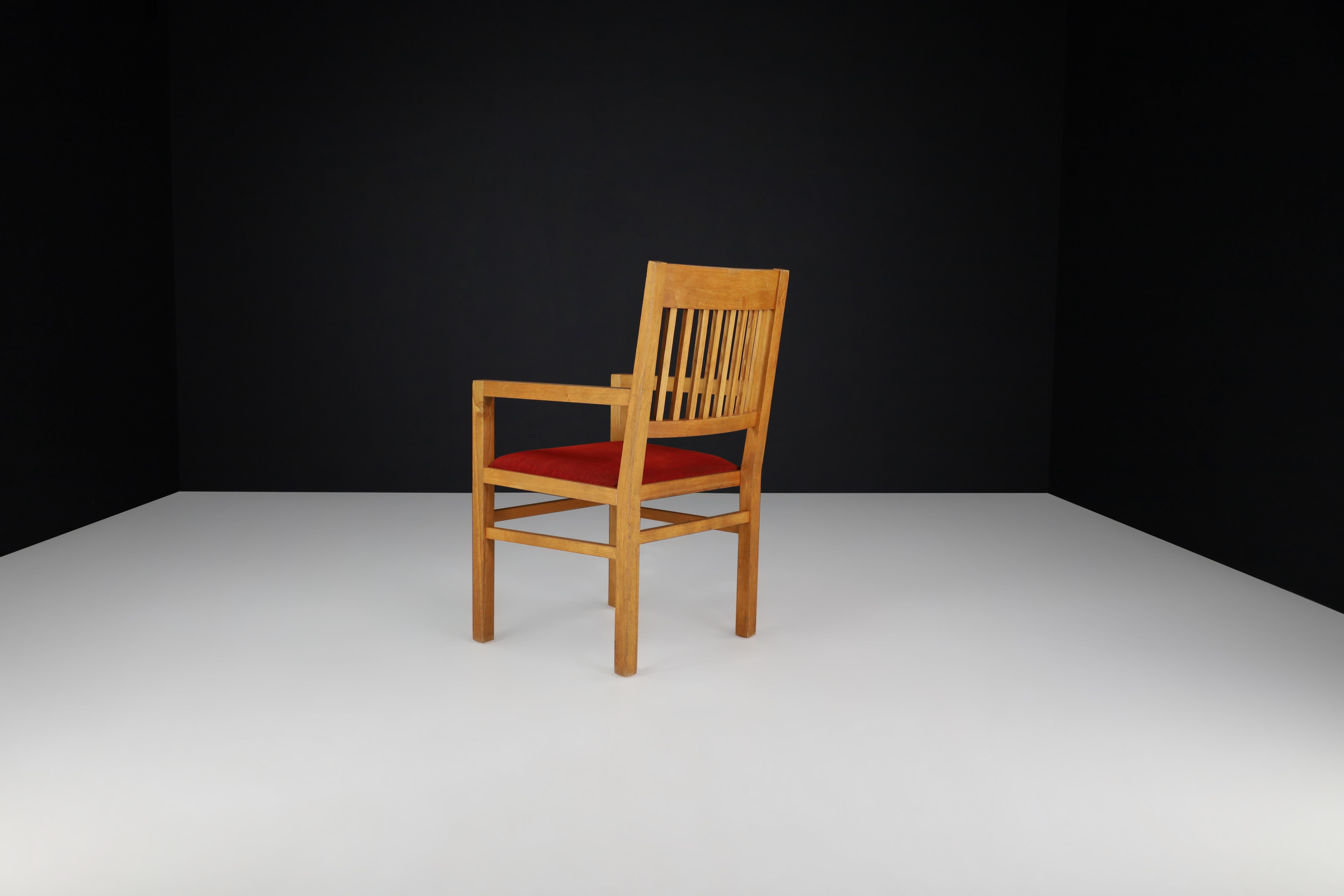 Blonde Oak and Crimson-Red Velvet Dining Room Armchairs the Netherlands 1970s For Sale 4