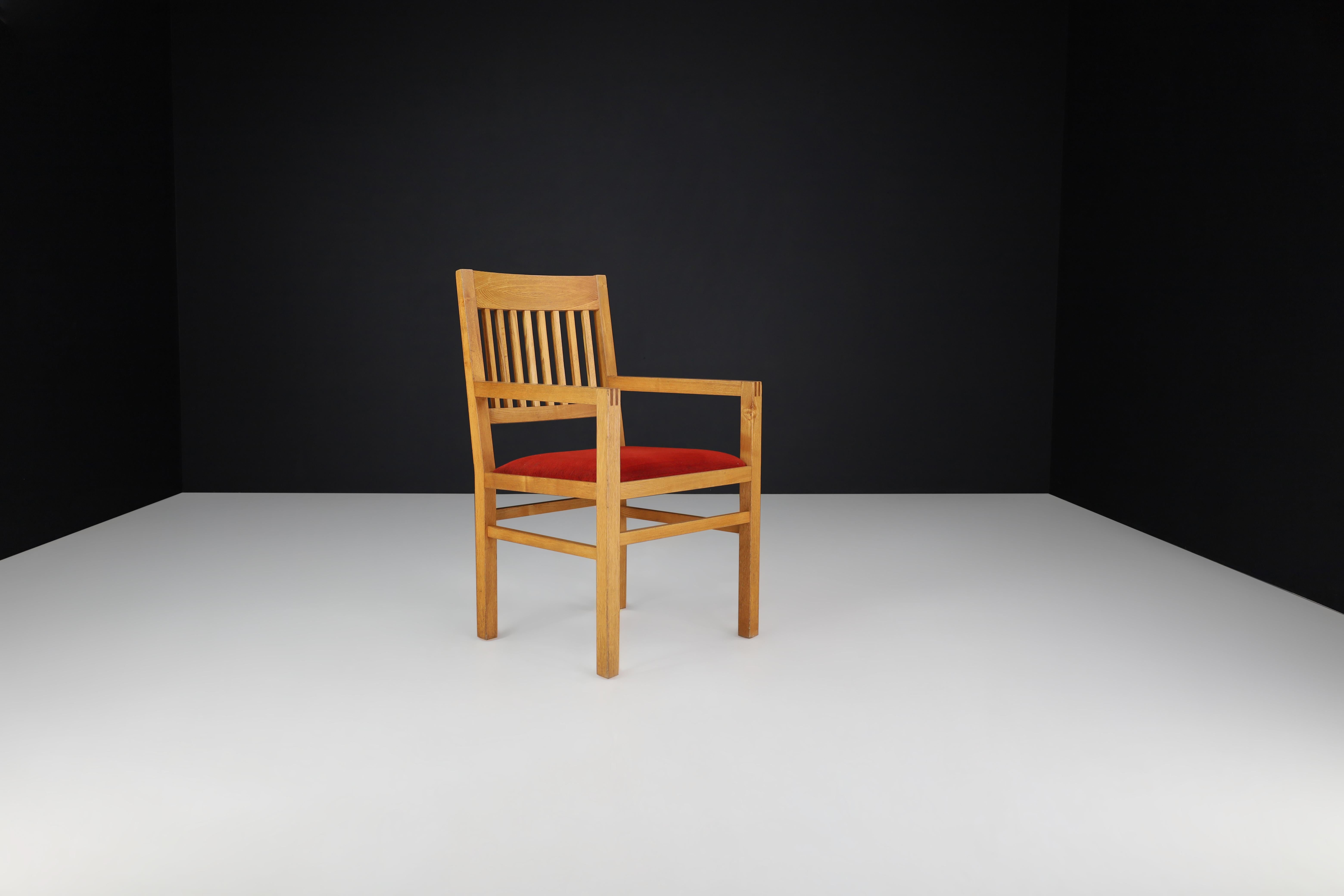 Blonde Oak and Crimson-Red Velvet Dining Room Armchairs the Netherlands 1970s For Sale 7