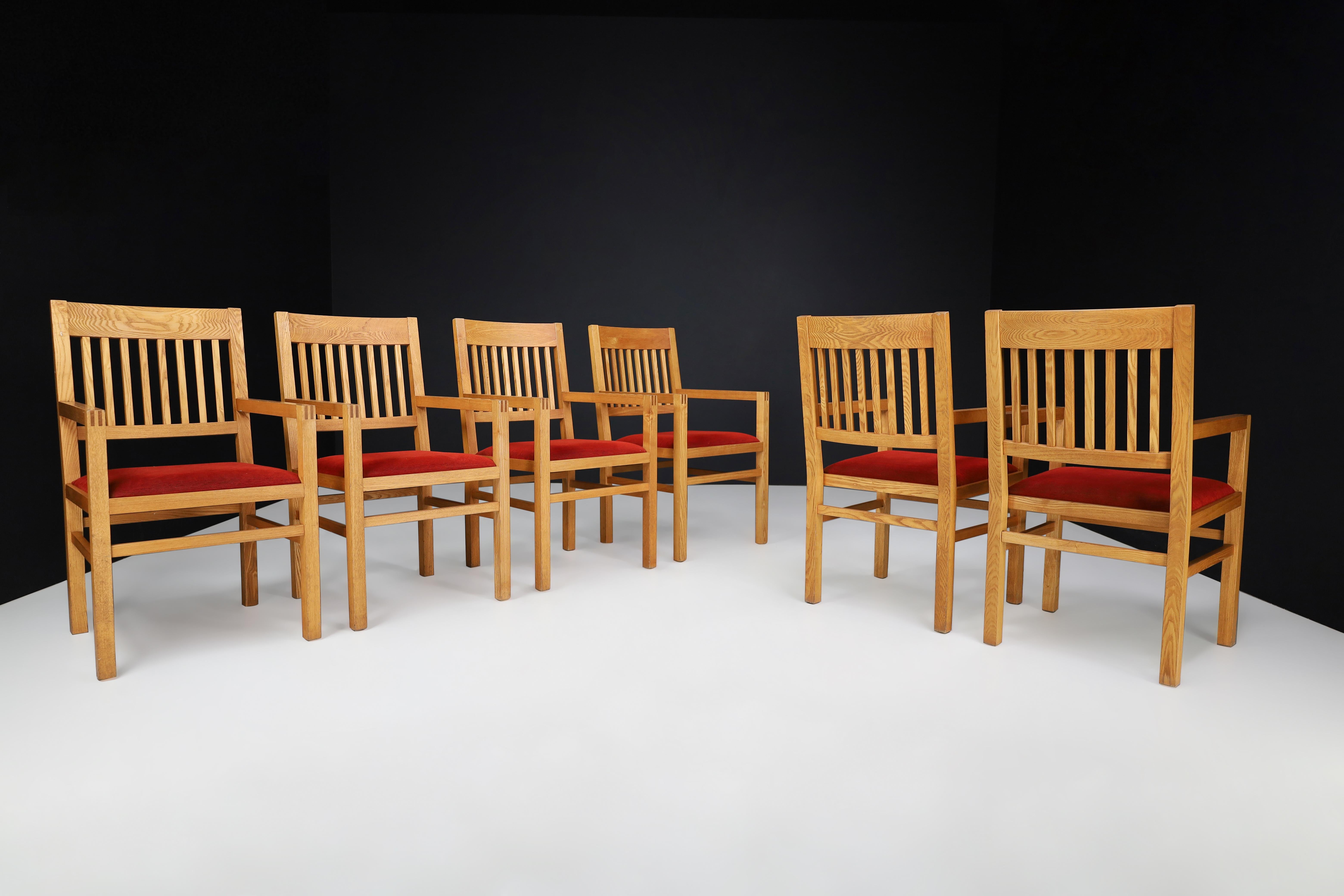 Dutch Blonde Oak and Crimson-Red Velvet Dining Room Armchairs the Netherlands 1970s  For Sale