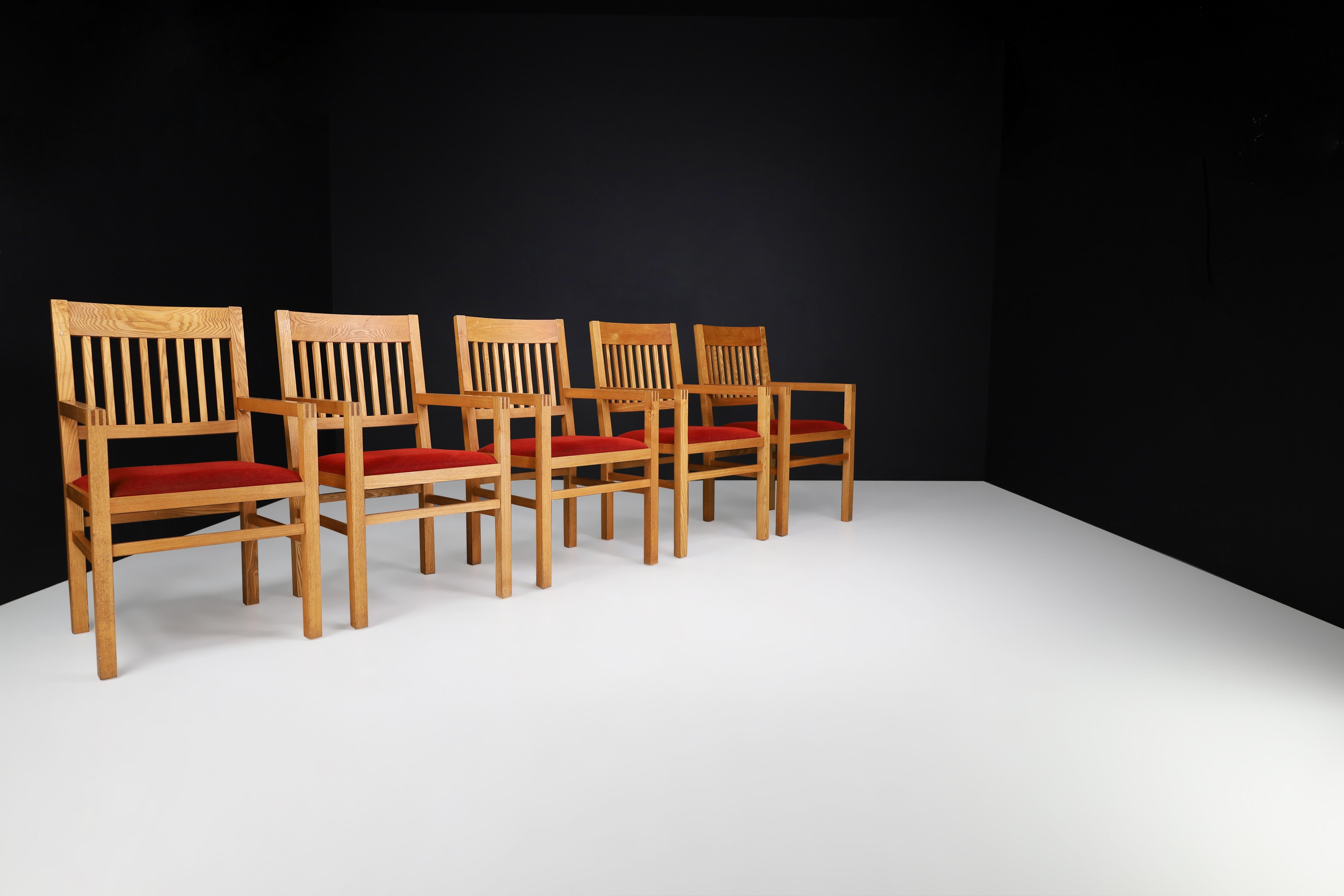 Late 20th Century Blonde Oak and Crimson-Red Velvet Dining Room Armchairs the Netherlands 1970s  For Sale