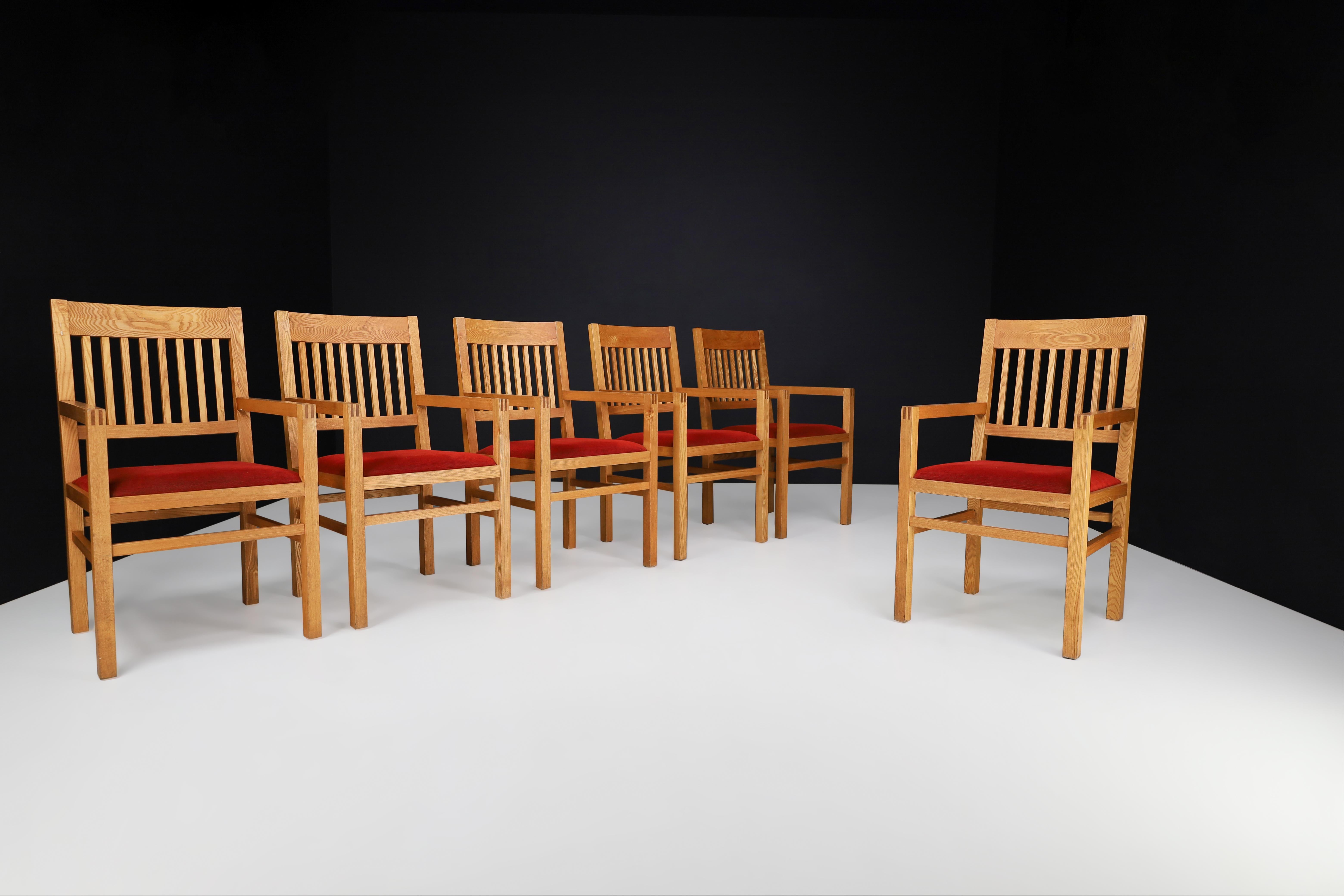 Blonde Oak and Crimson-Red Velvet Dining Room Armchairs the Netherlands 1970s For Sale 1