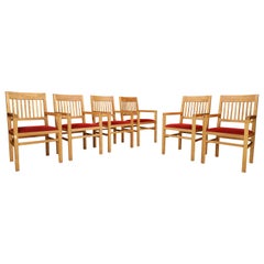 Fauteuils de salle à manger en chêne blond et velours rouge chiffon, Pays-Bas, années 1970