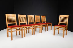 Blonde Oak and Crimson-Red Velvet Dining Room Chairs the Netherlands 1970s Set/6