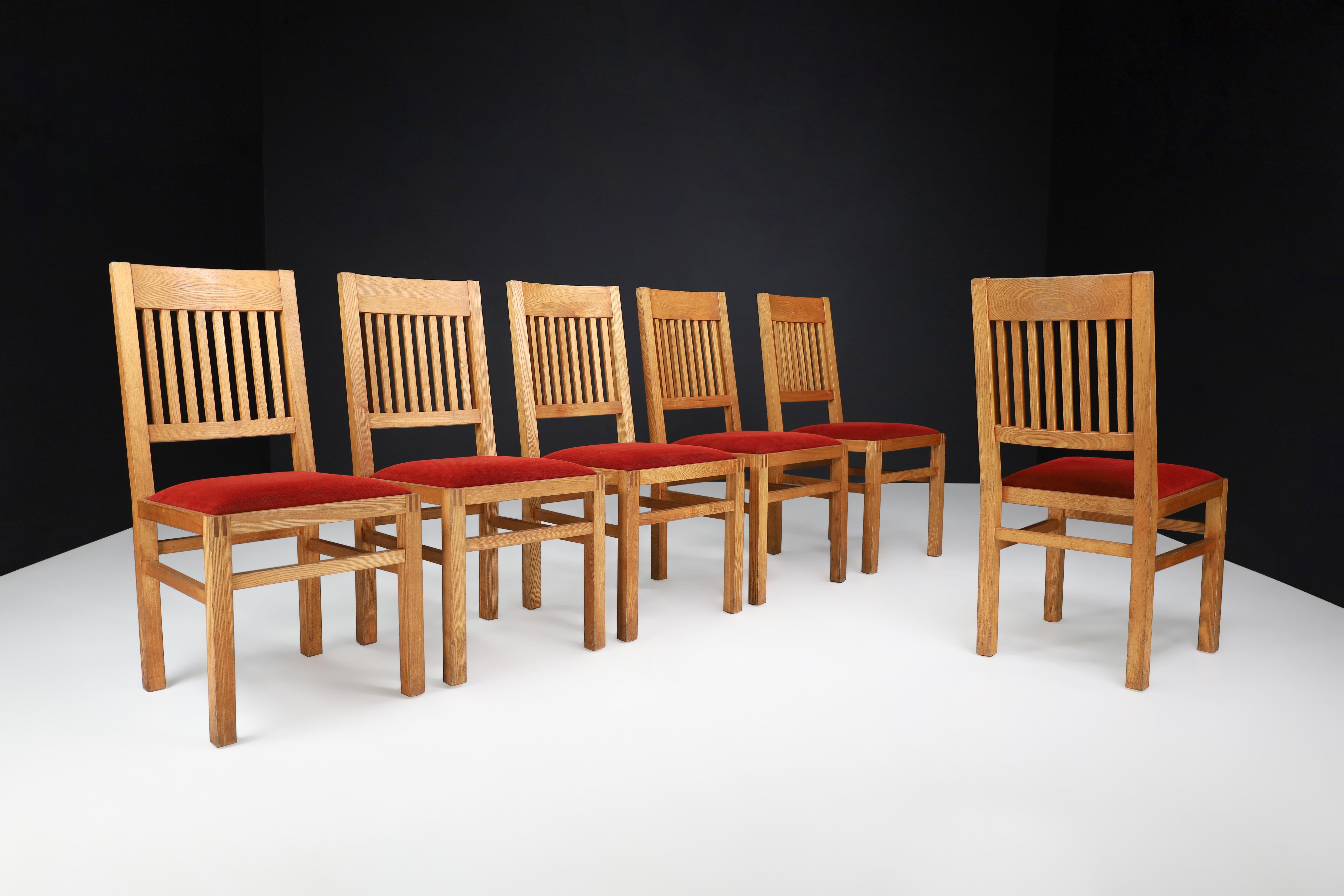 Mid-Century Modern Blonde Oak and Crimson-Red Velvet Dining Room Chairs the Netherlands 1970s Set/6 For Sale