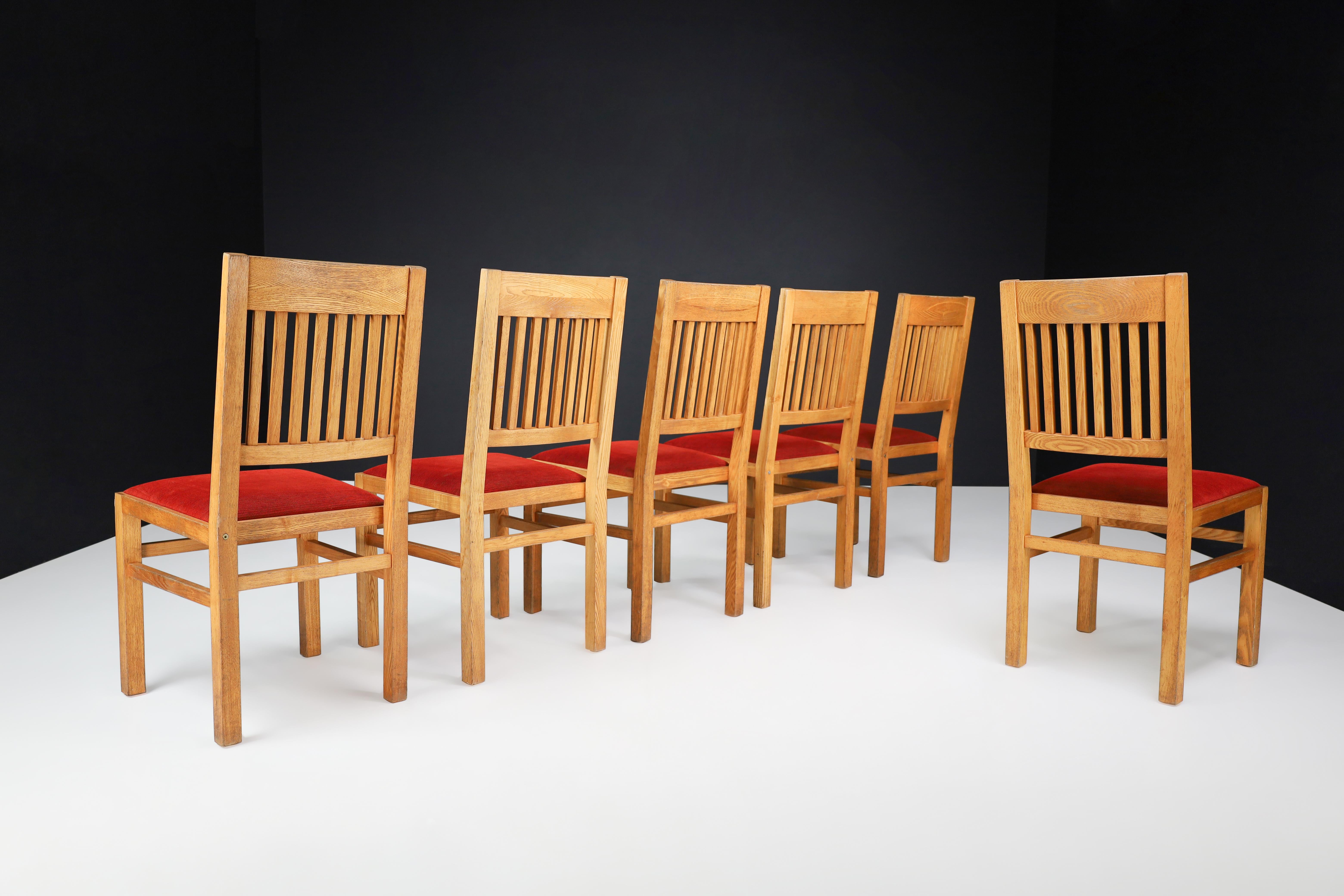 Dutch Blonde Oak and Crimson-Red Velvet Dining Room Chairs the Netherlands 1970s Set/6 For Sale