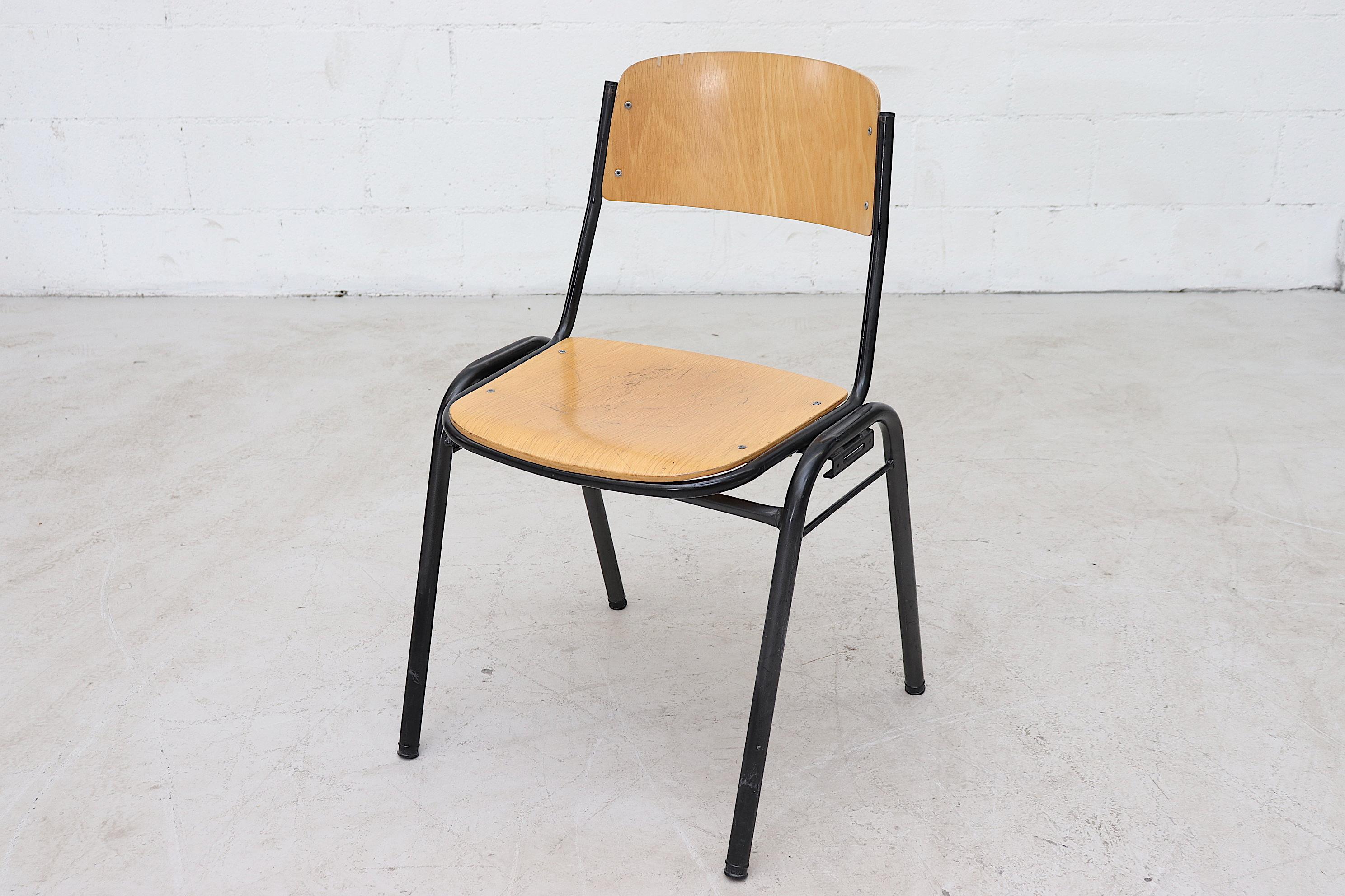 Blonde Plywood Industrial Stacking Chairs with Enameled Metal Frames 3