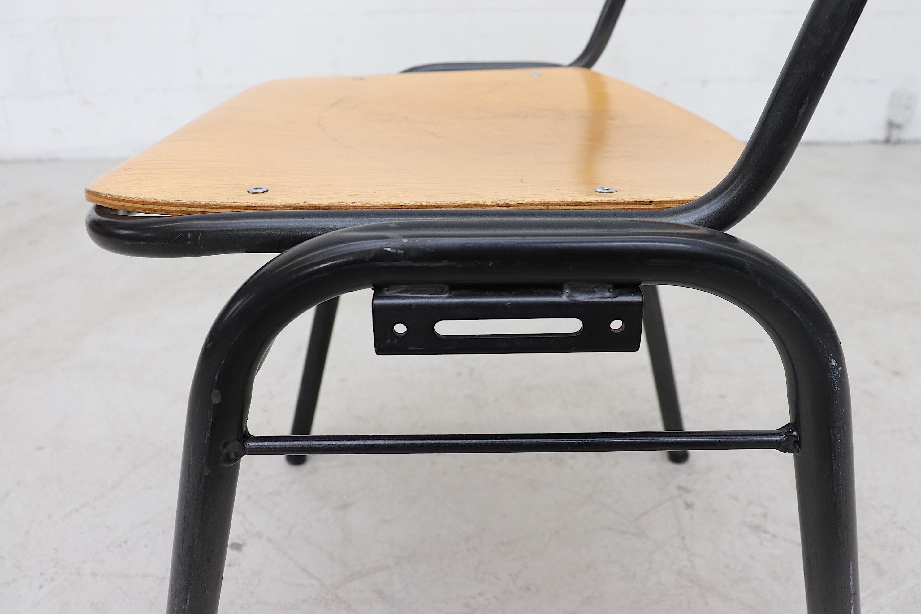 Blonde Plywood Industrial Stacking Chairs with Enameled Metal Frames 7