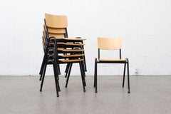 Blonde Plywood Industrial Stacking Chairs with Black Enameled Metal Frame