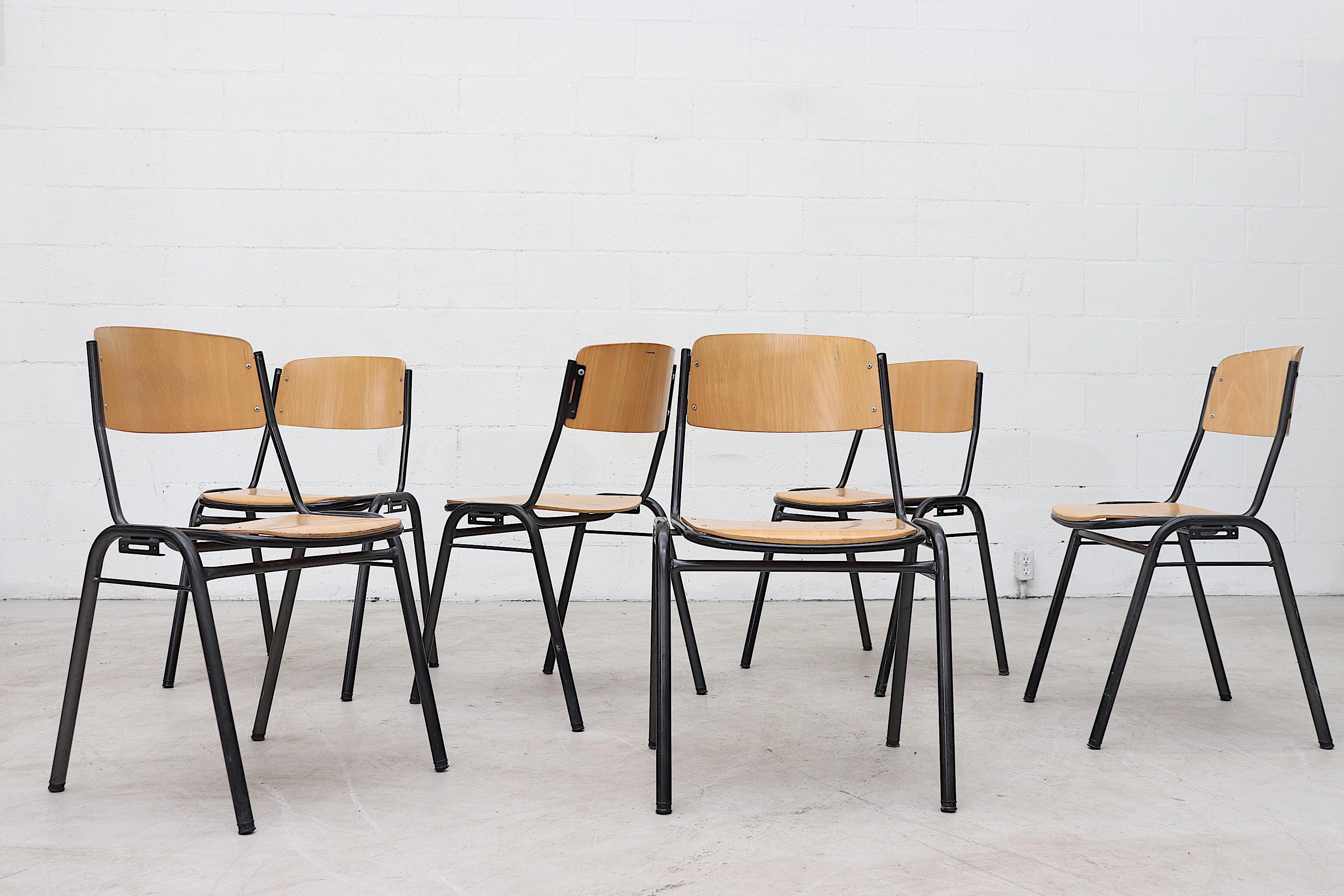 Mid-Century Modern Blonde Plywood Industrial Stacking Chairs with Enameled Metal Frames
