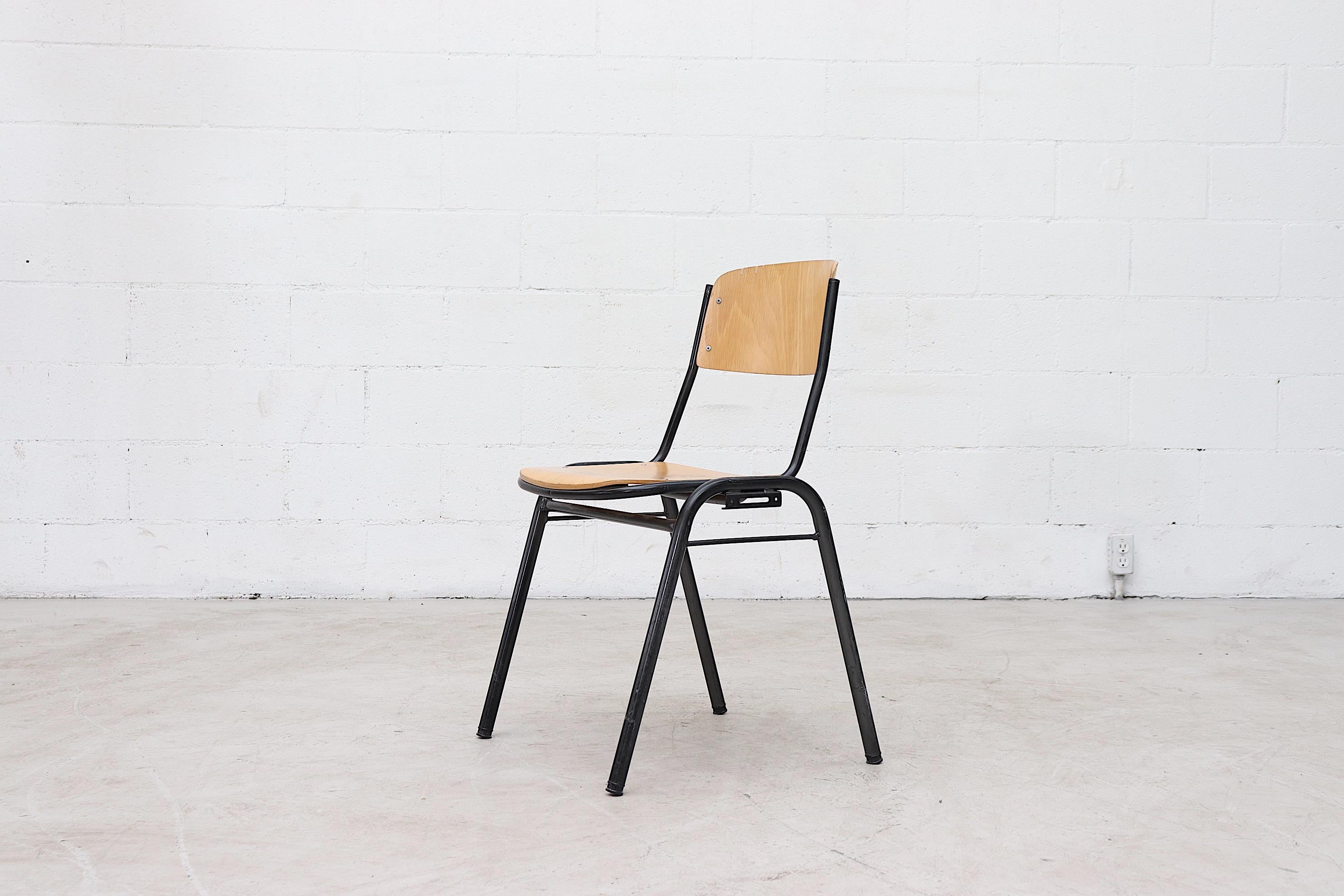 Dutch Blonde Plywood Industrial Stacking Chairs with Enameled Metal Frames