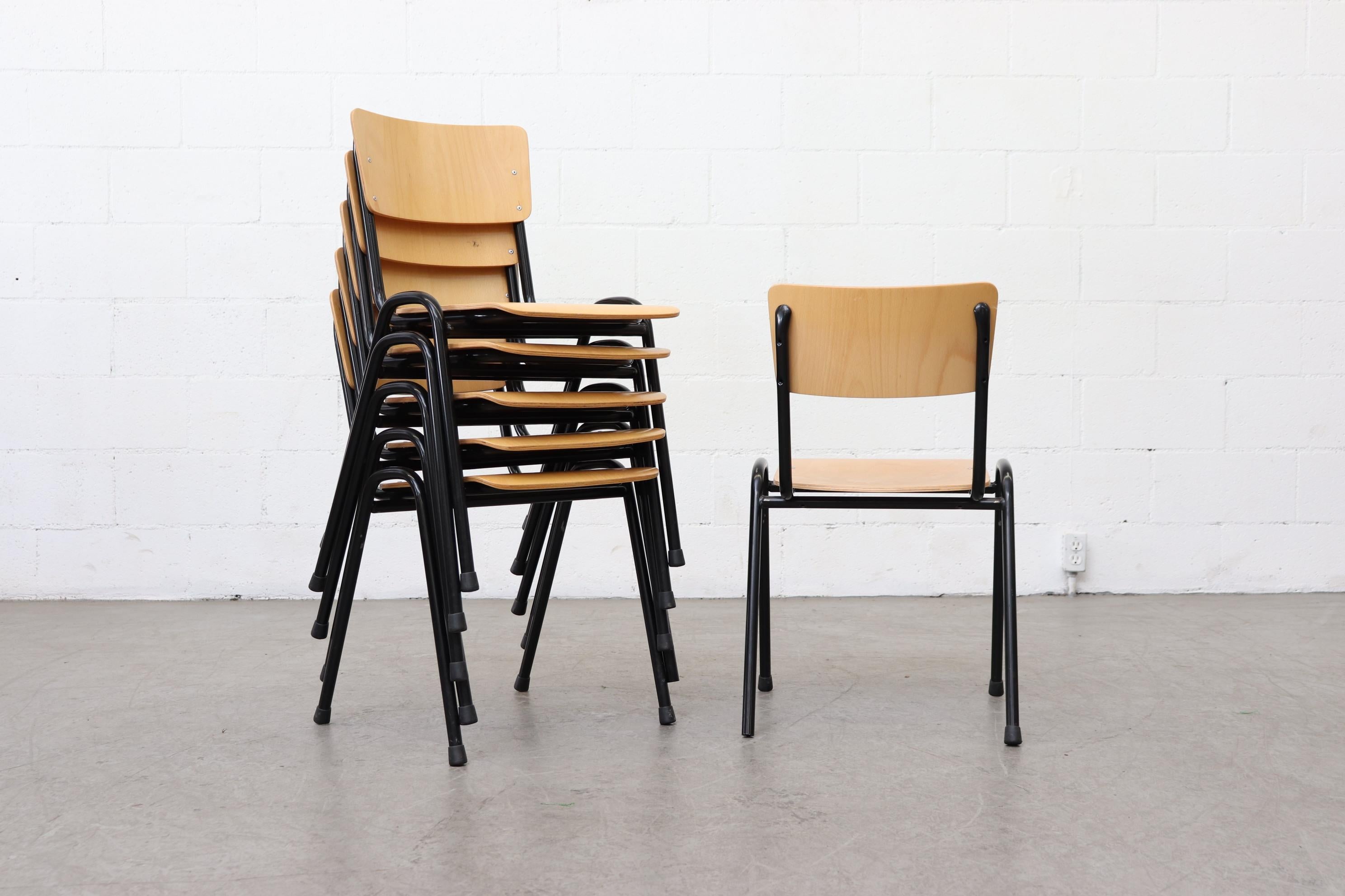 Mid-Century Modern Blonde Plywood Industrial Stacking Chairs with Black Enameled Metal Frame