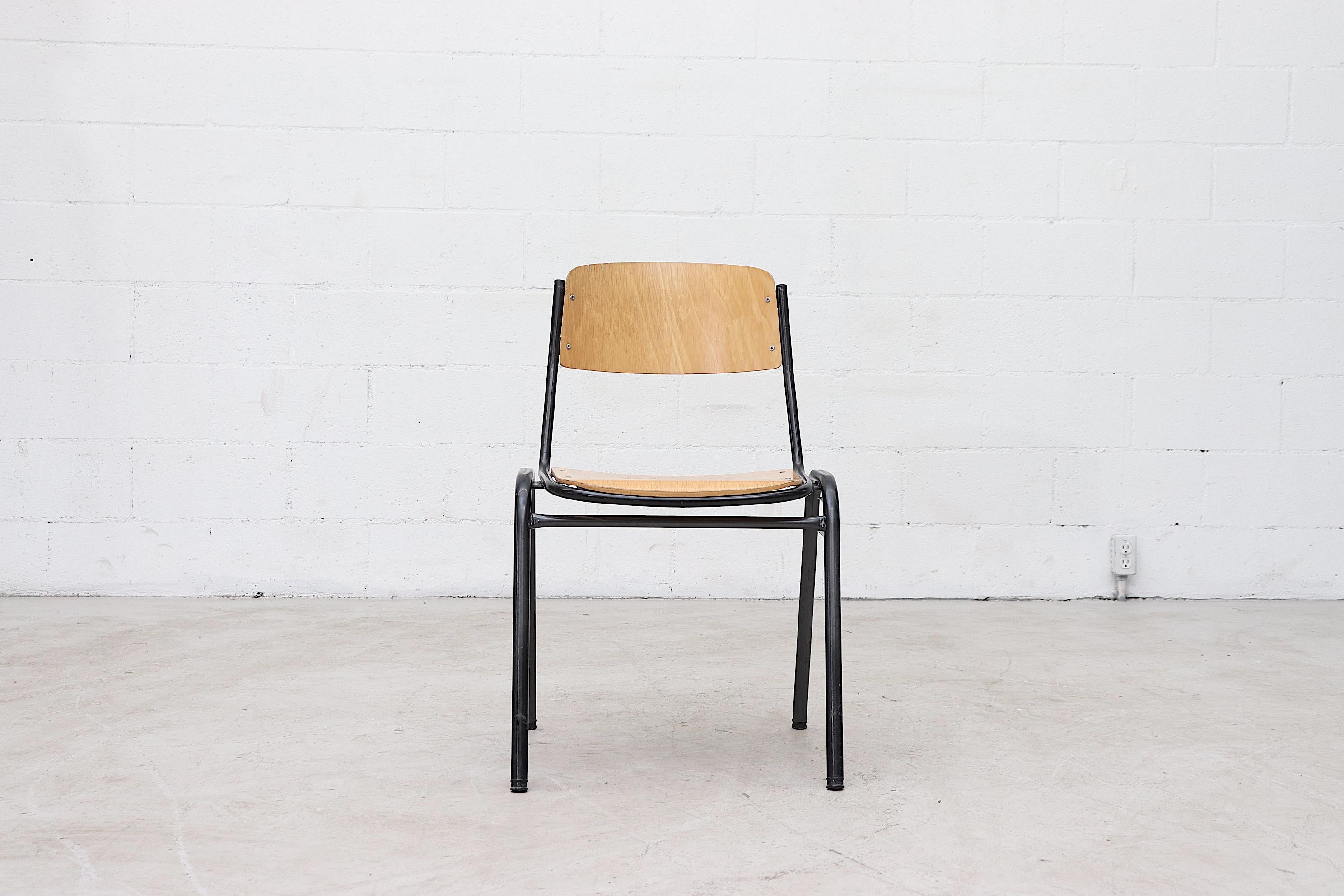 Blonde Plywood Industrial Stacking Chairs with Enameled Metal Frames In Good Condition In Los Angeles, CA