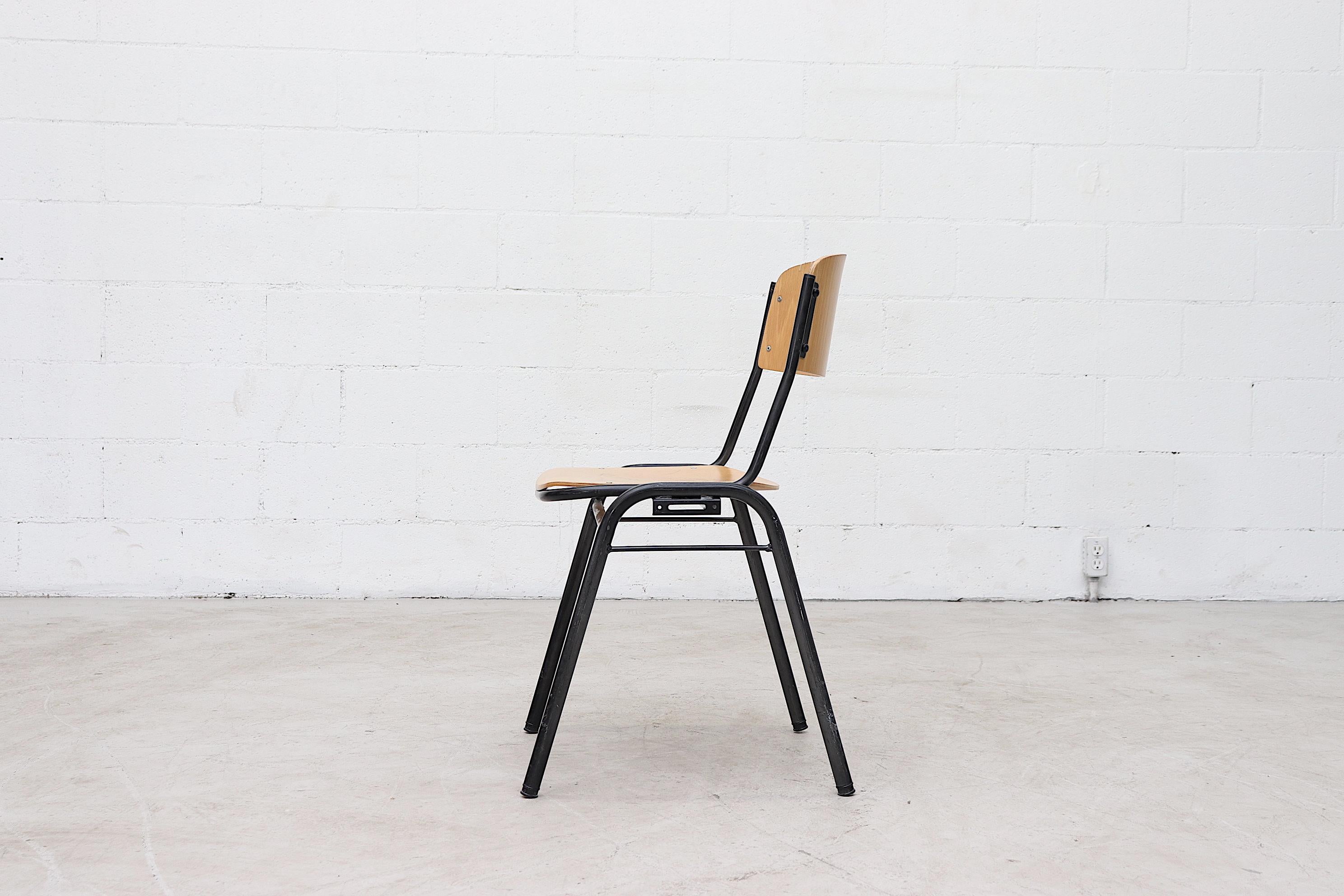 Late 20th Century Blonde Plywood Industrial Stacking Chairs with Enameled Metal Frames
