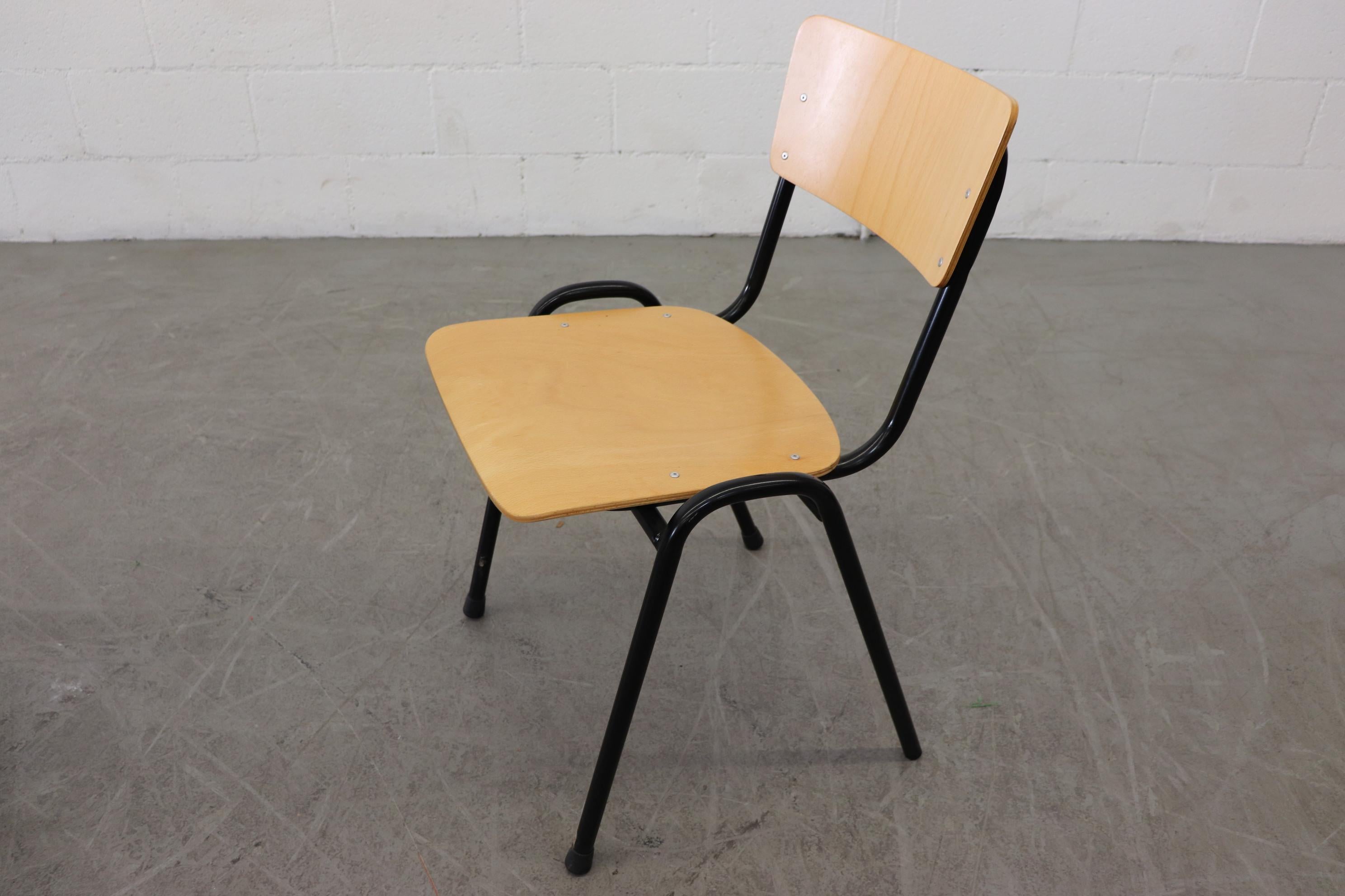 Blonde Plywood Industrial Stacking Chairs with Black Enameled Metal Frame In Good Condition In Los Angeles, CA