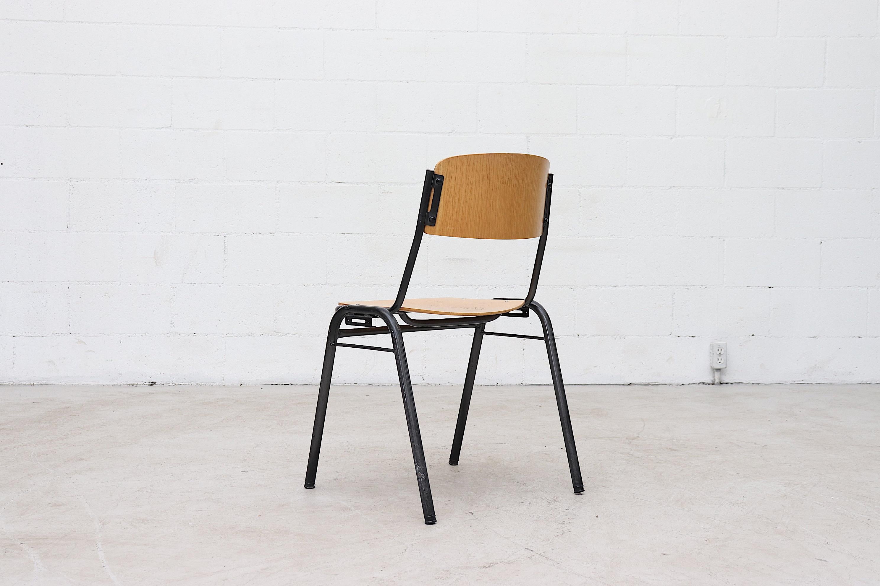 Blonde Plywood Industrial Stacking Chairs with Enameled Metal Frames 1