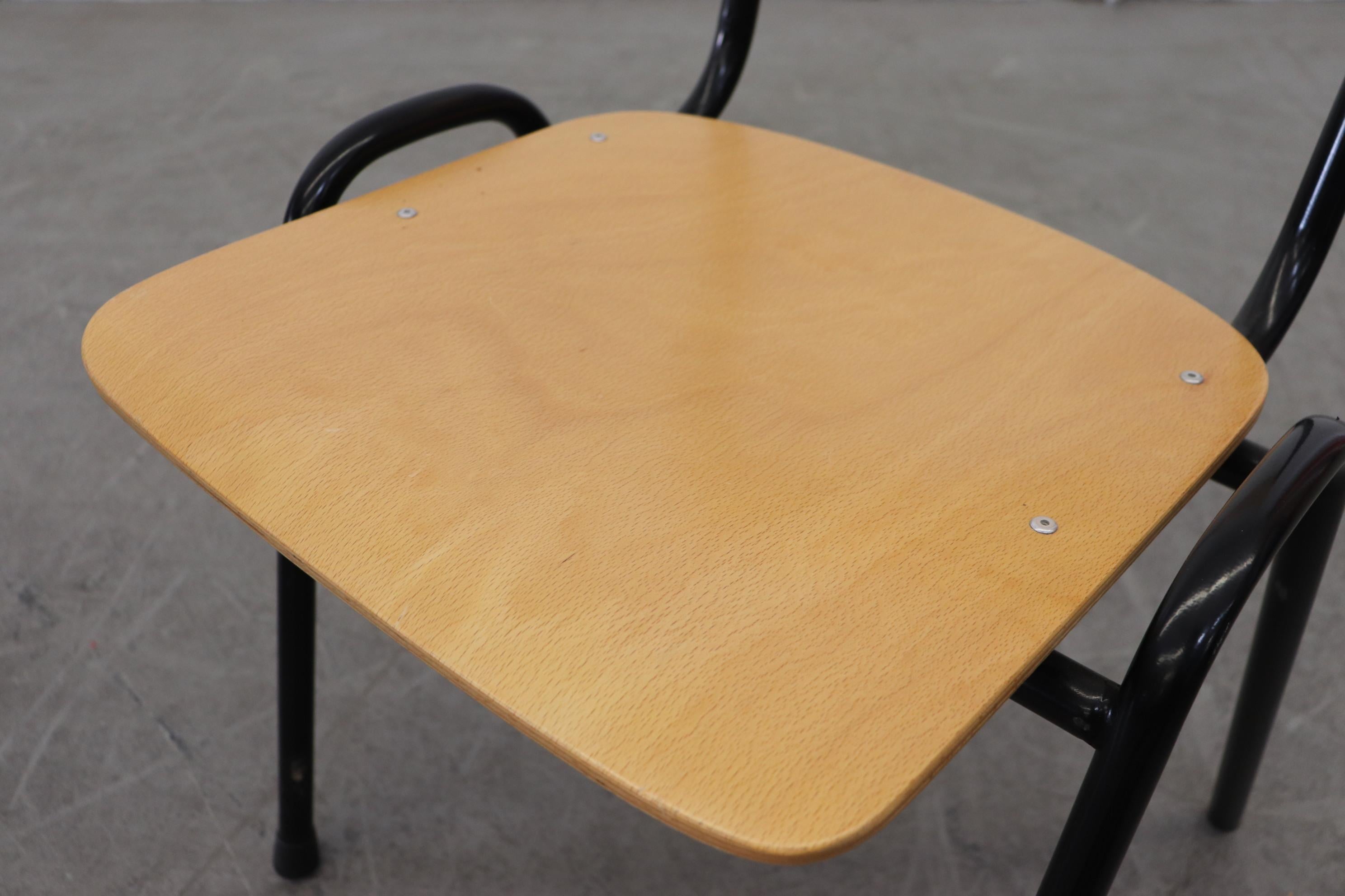 Late 20th Century Blonde Plywood Industrial Stacking Chairs with Black Enameled Metal Frame