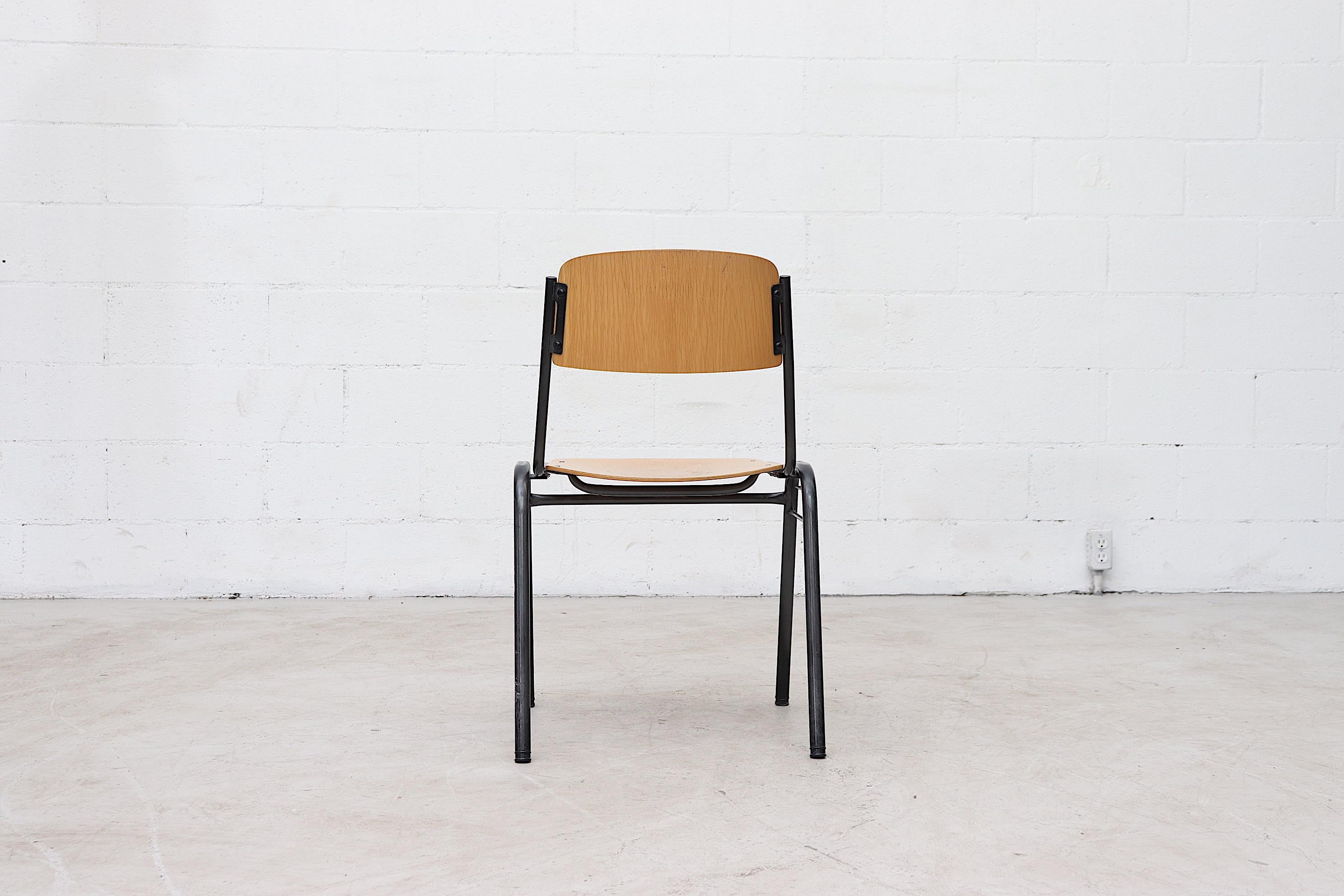 Blonde Plywood Industrial Stacking Chairs with Enameled Metal Frames 2