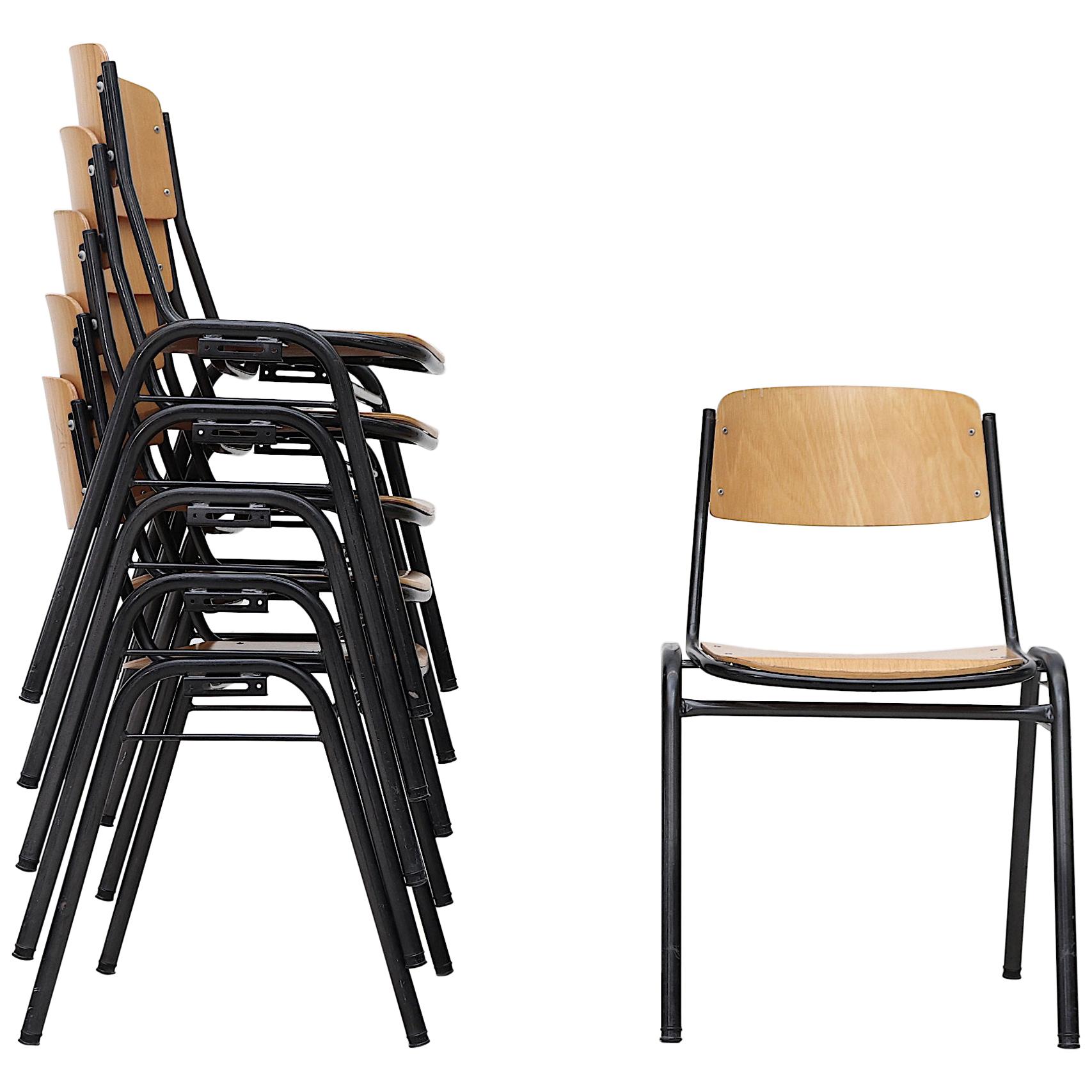 Blonde Plywood Industrial Stacking Chairs with Enameled Metal Frames