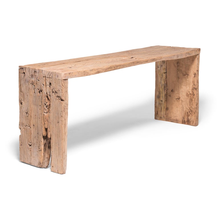 Custom Blonde Reclaimed Elm Waterfall Console Table For Sale