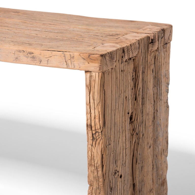 Custom Blonde Reclaimed Elm Waterfall Console Table In Excellent Condition For Sale In Chicago, IL