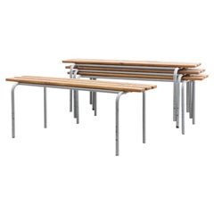 Blonde Slatted Stacking School Benches with Tubular Gray Metal Frames