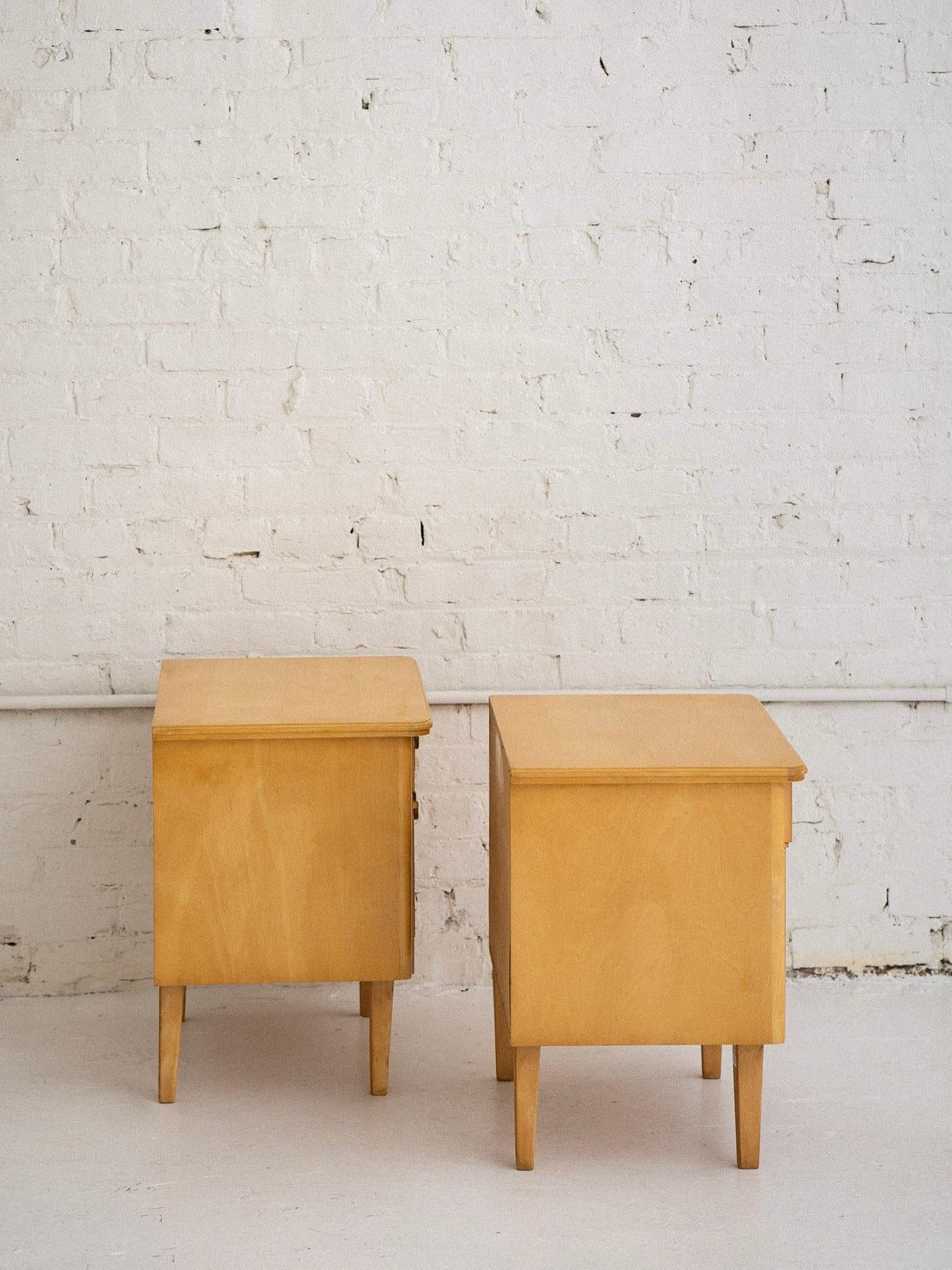 Mid-Century Modern Blonde Wood Drop Front Nightstands, a Pair