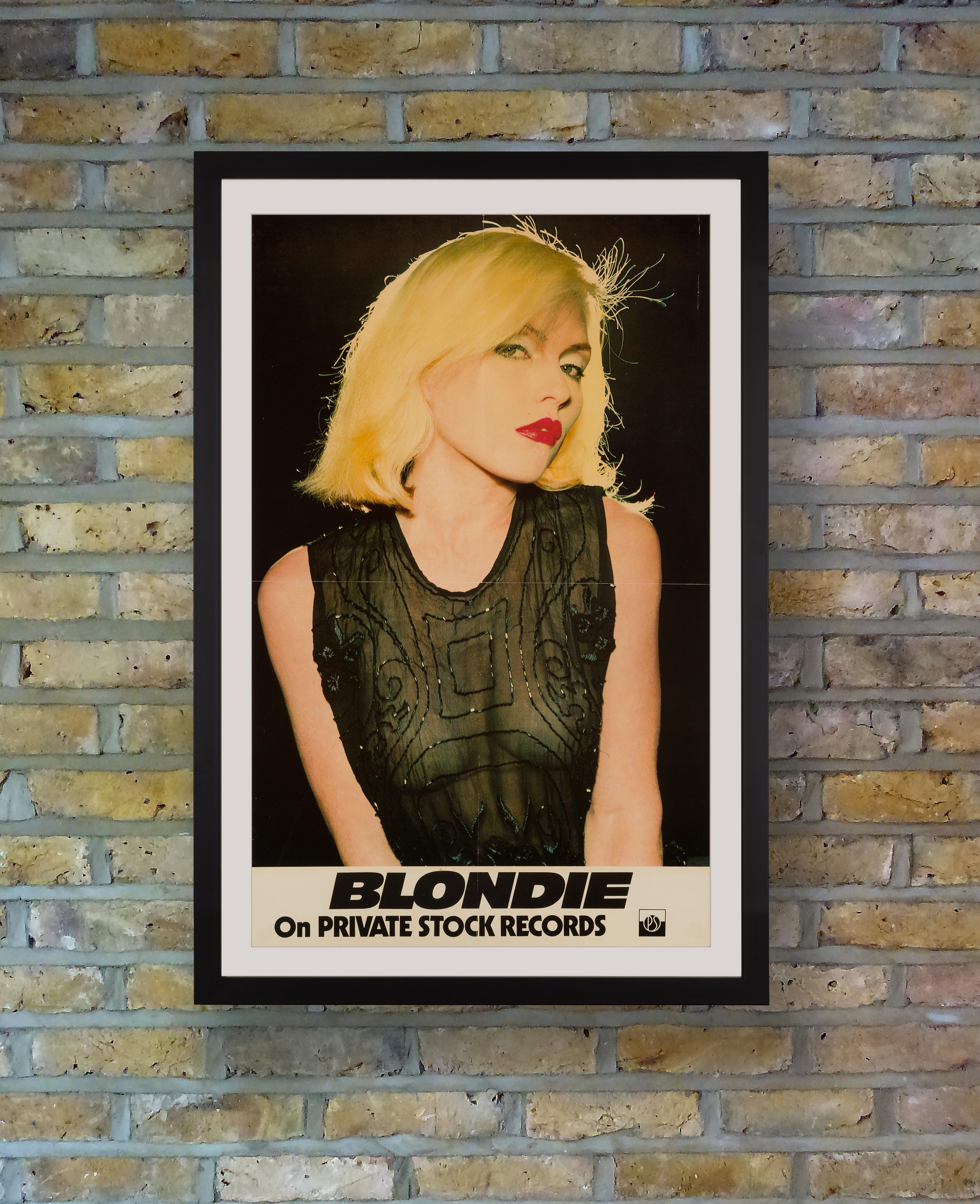 A scarce promotional poster issued by New York label Private Stock Records in support of Blondie's eponymous debut album, released in December 1976. A holy grail item for Blondie collectors, Debbie Harry reportedly detested the trashy image of