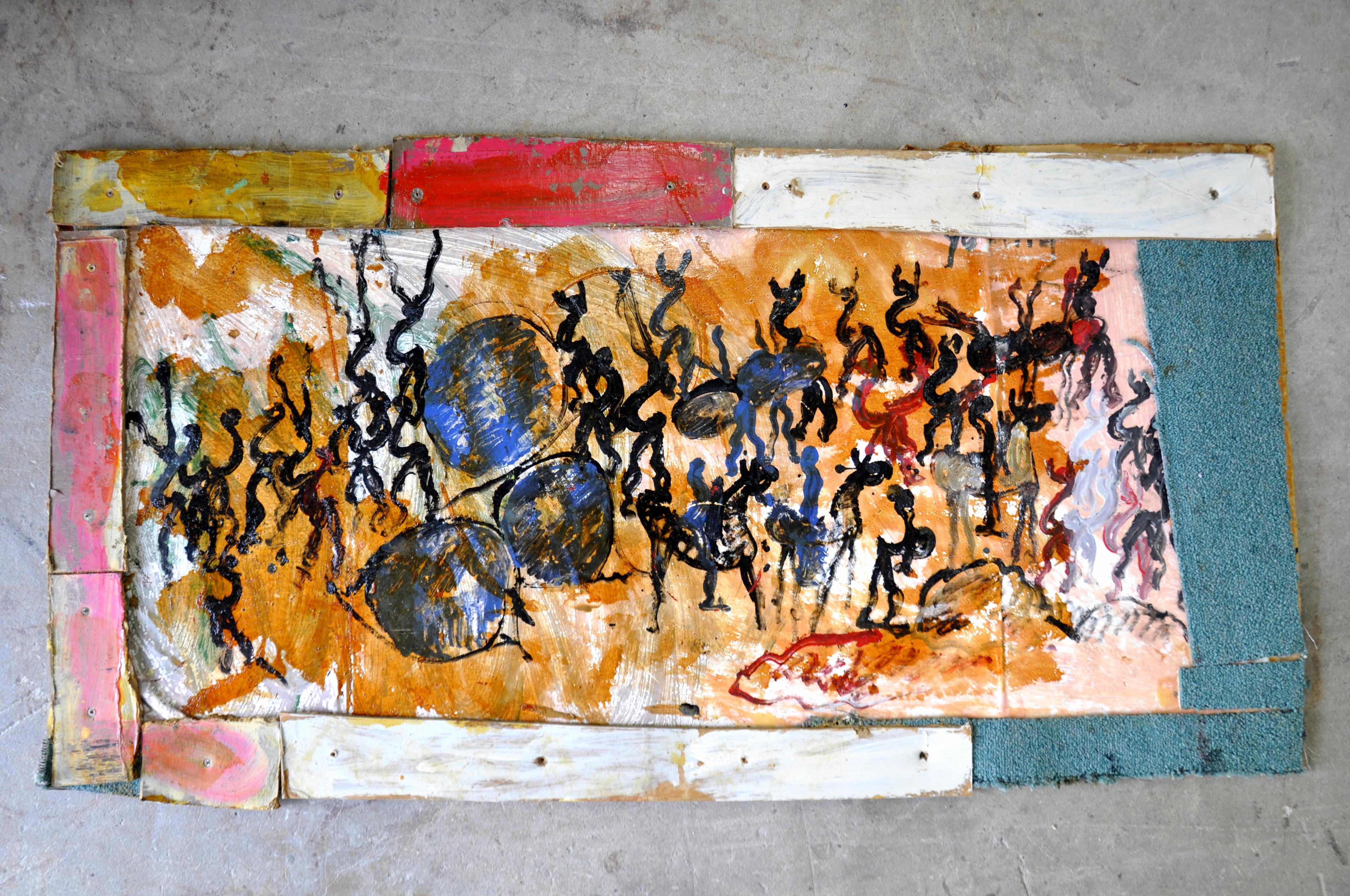 Untitled, Purvis Young Mixed-Media Painting, 1980s In Excellent Condition For Sale In Miami, FL