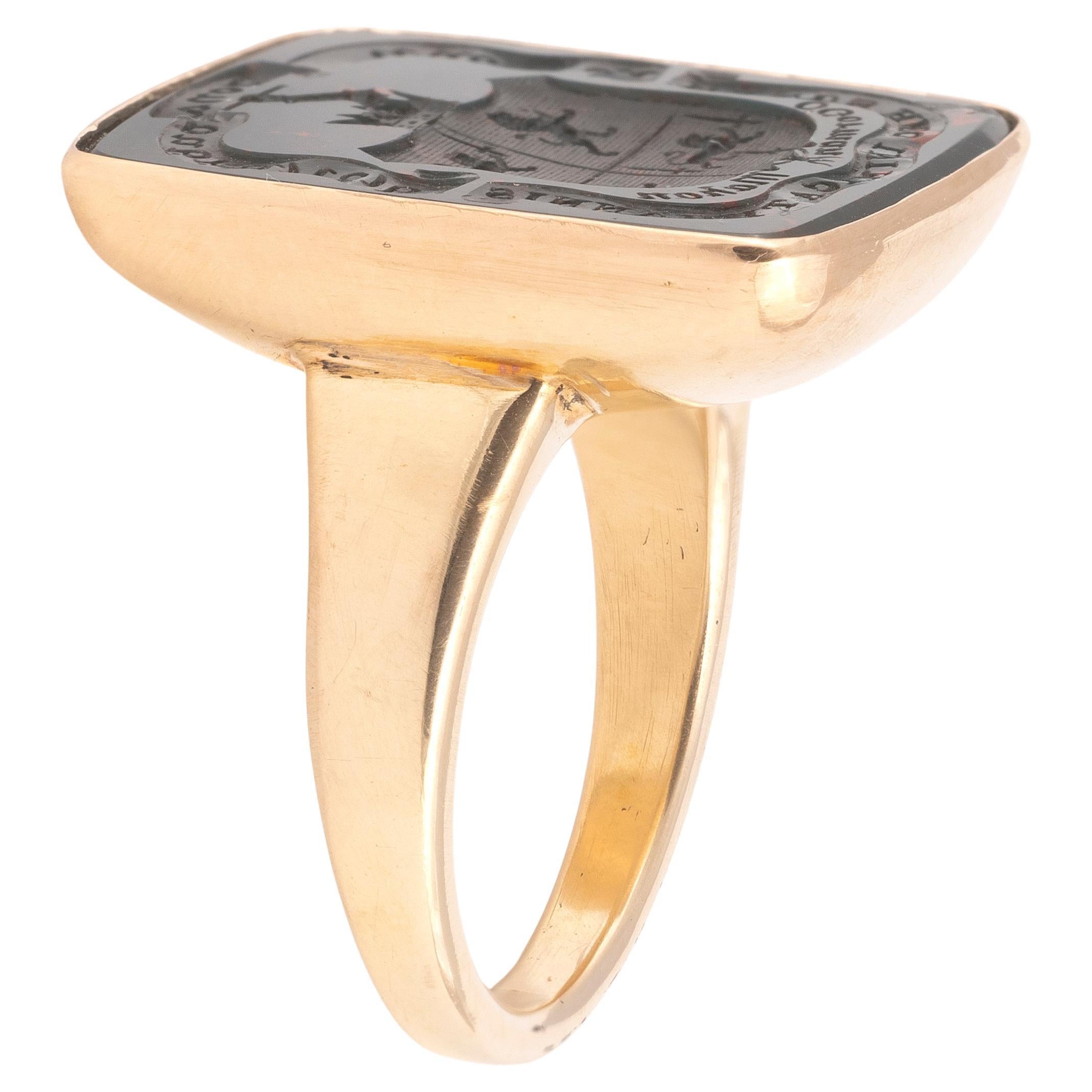 Neoclassical Blood Jasper Signet Men's Ring Early 19th Century With Family Crest