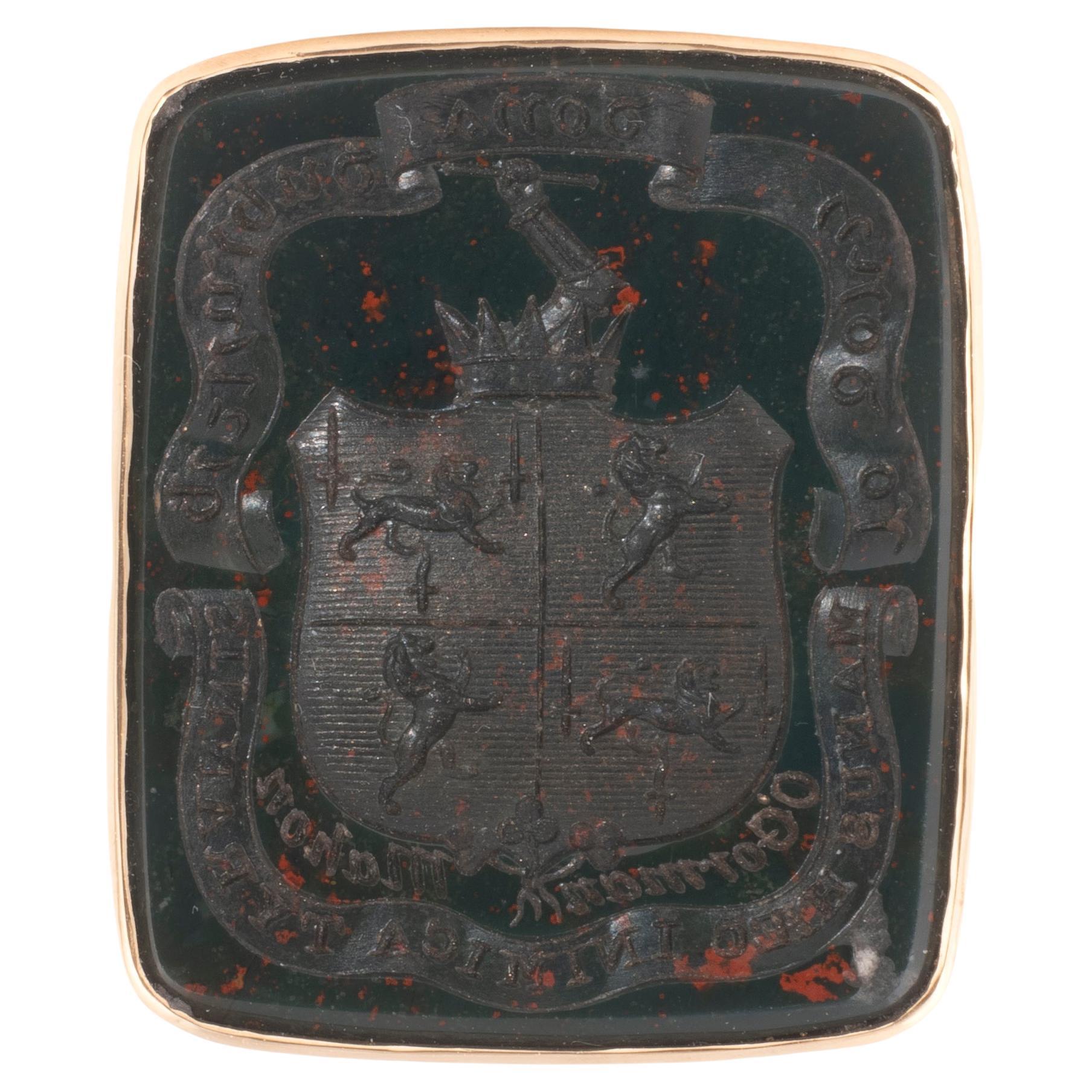 Emerald Cut Blood Jasper Signet Men's Ring Early 19th Century With Family Crest