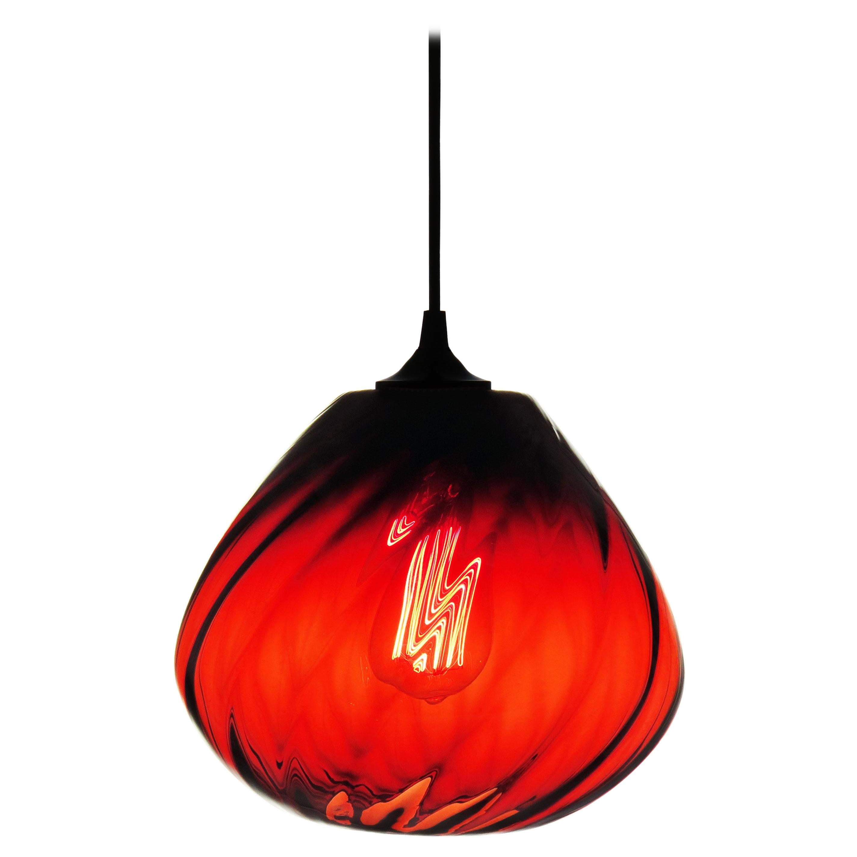 Blood-Red Contemporary Hand Blown Optical Pendant Lamp For Sale