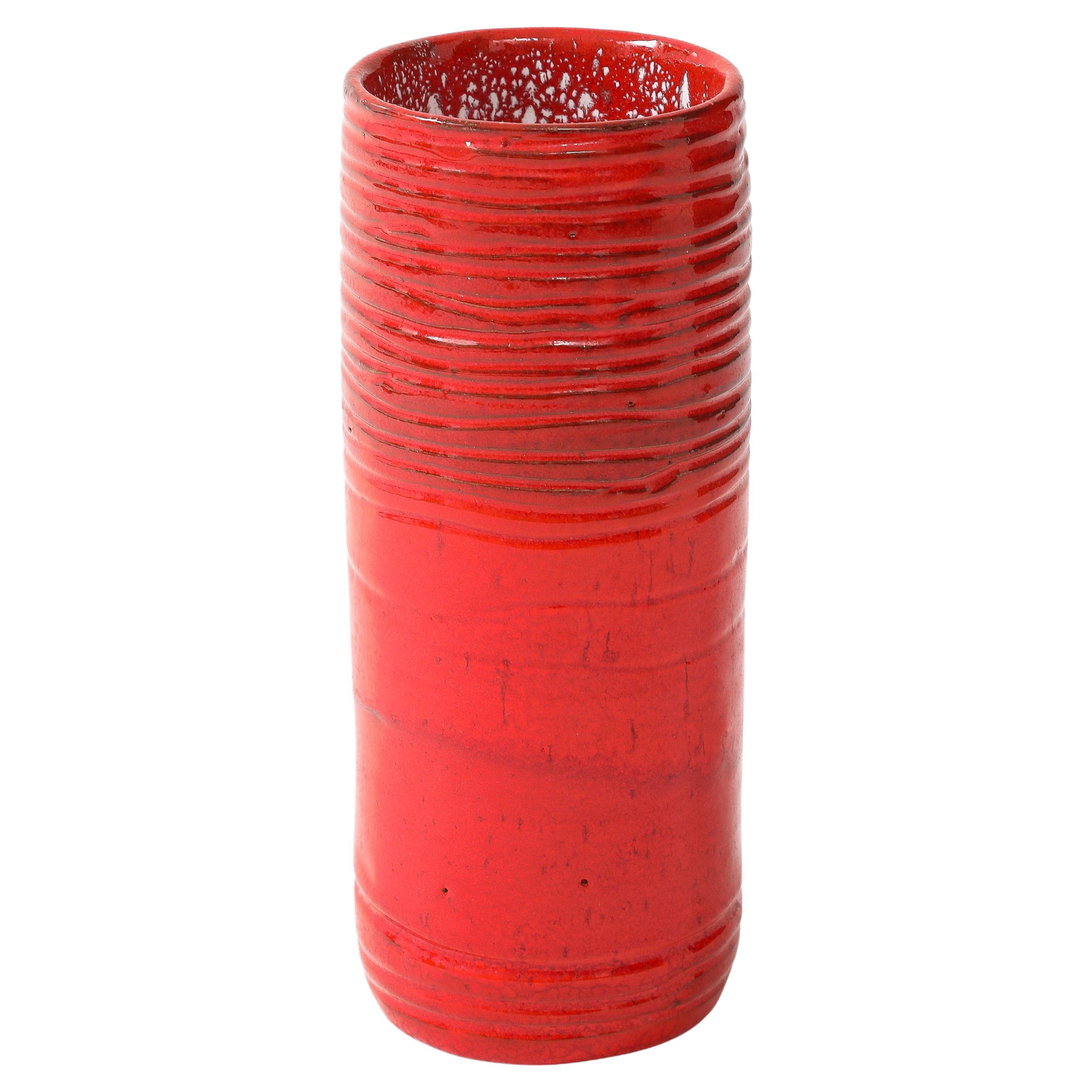 Blood Red Enamel Glaze Ceramic Vase with Striated Decoration, France. c. 1950 For Sale