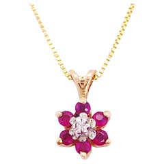 Blood Red Ruby Flower Necklace, Circa 1999 14 Karat Yellow Gold Cluster & Chain