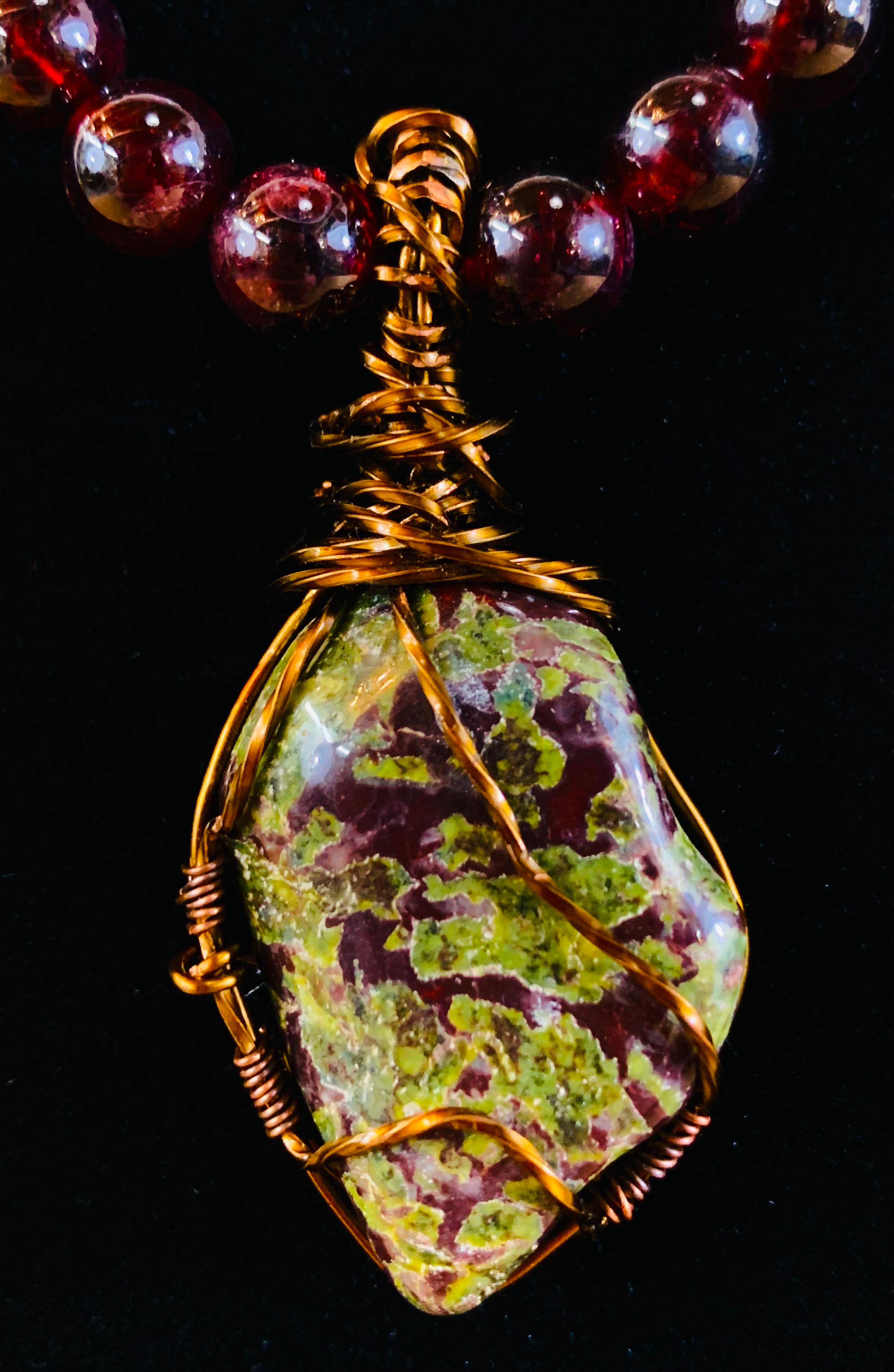 American Bloodstone Pendant with Antiqued Copper Handmade Necklace For Sale