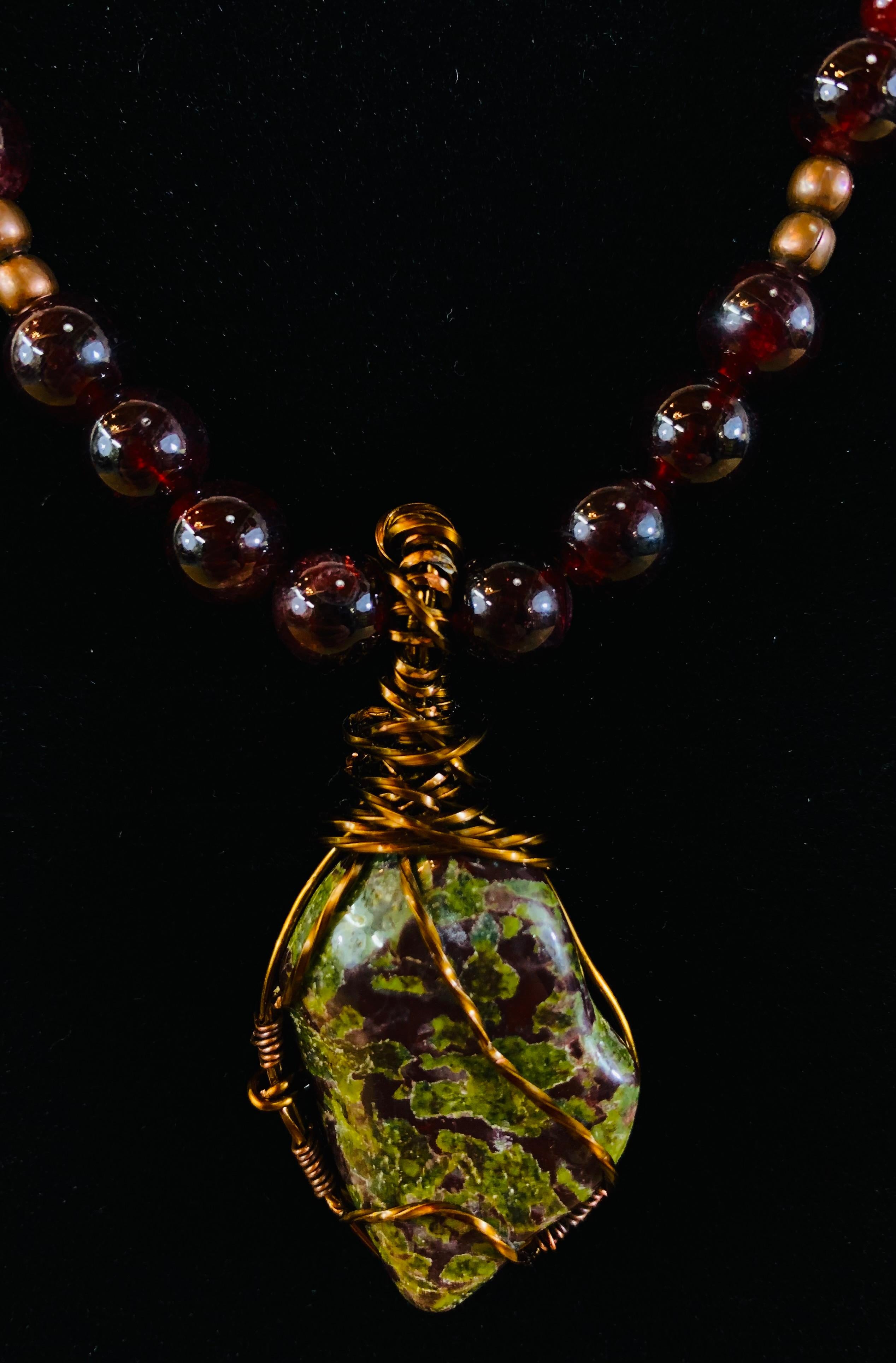 Bloodstone Pendant with Antiqued Copper Handmade Necklace In Good Condition For Sale In Plainview, NY