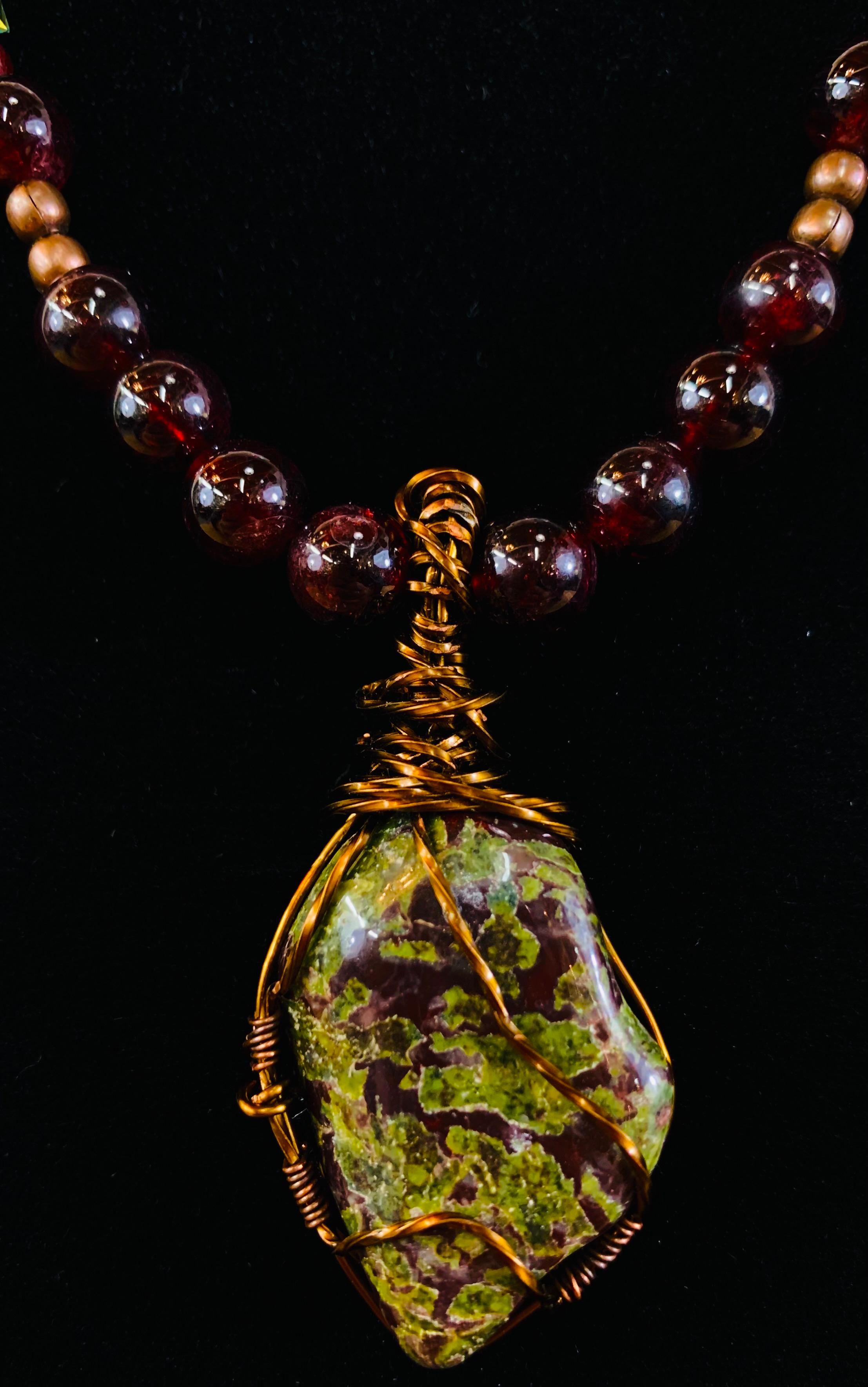 Late 20th Century Bloodstone Pendant with Antiqued Copper Handmade Necklace For Sale