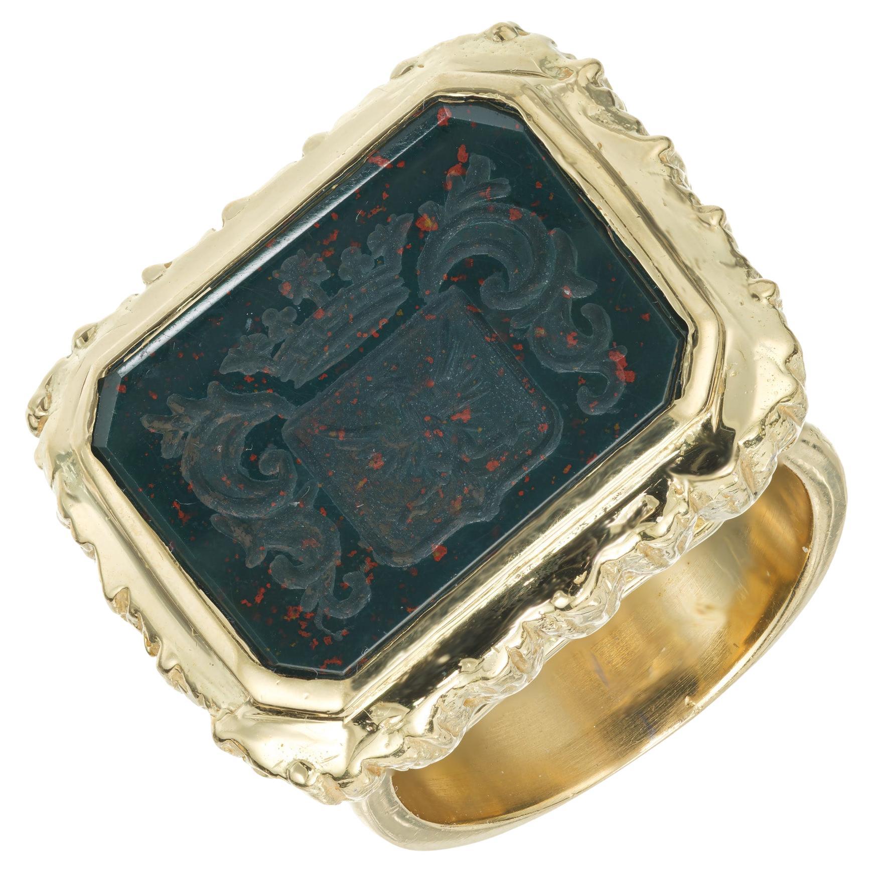 Bloodstone Yellow Gold Carved Crest Cocktail Ring For Sale
