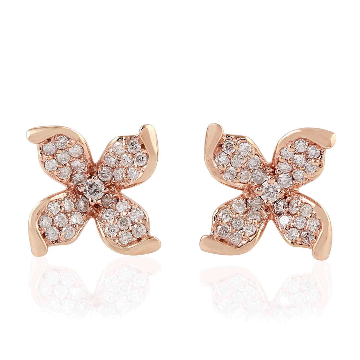 Single Cut Bloom 18 Karat Gold Diamond Stud Earrings For Sale