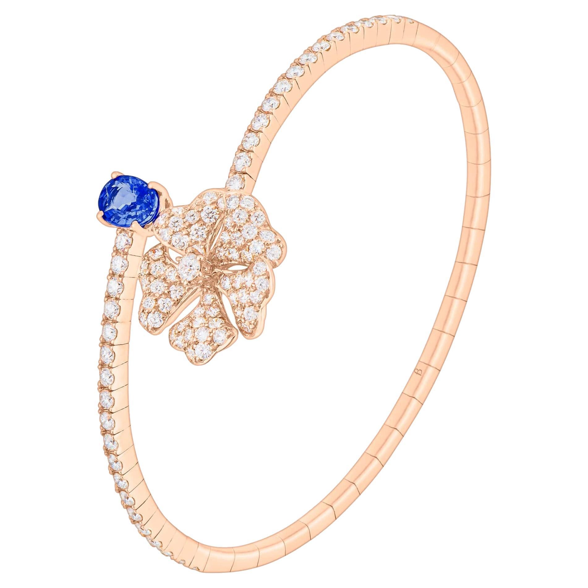 Bloom Blue Sapphire and Diamond Open Spiral Bangle in 18k Rose Gold For Sale