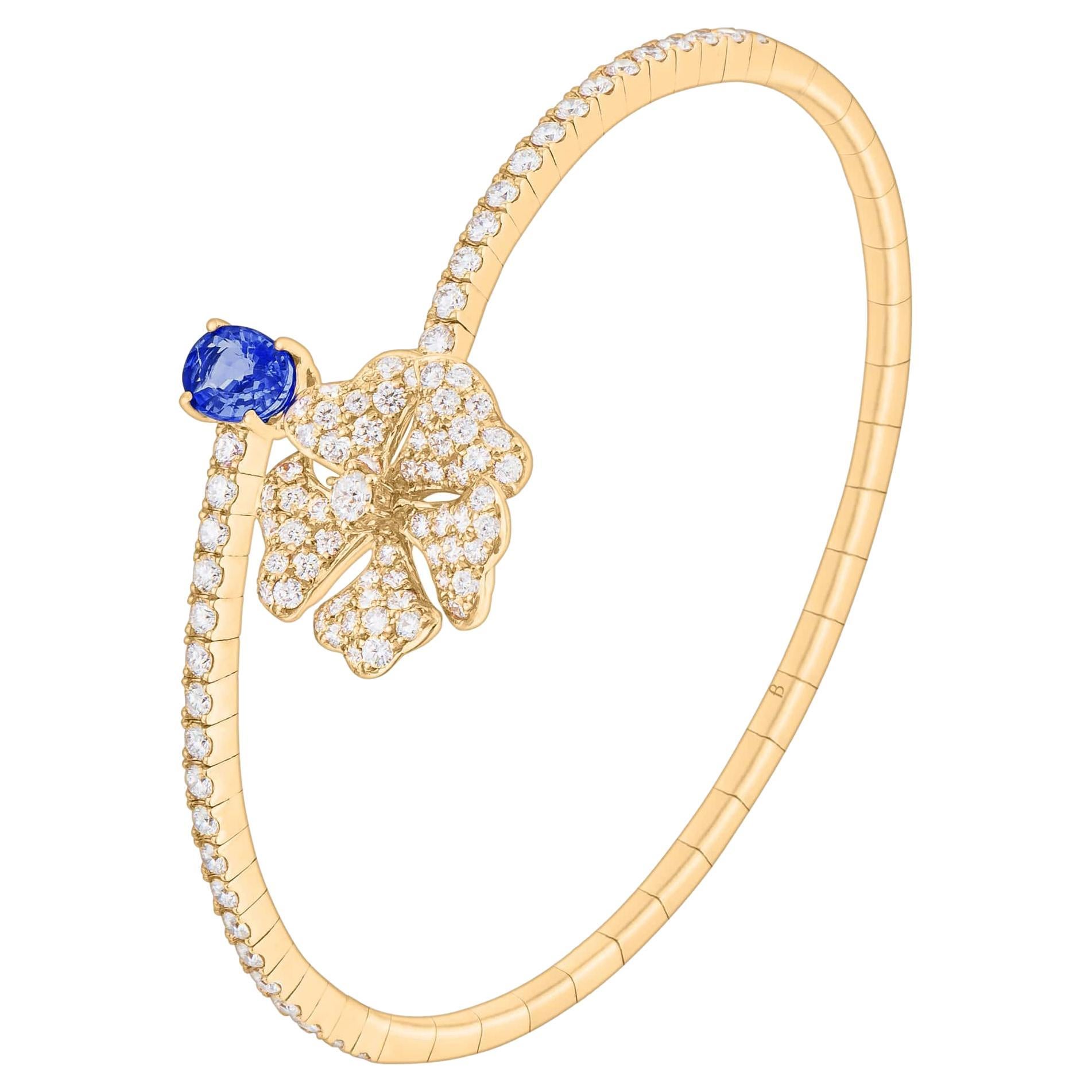 Bloom Blue Sapphire and Diamond Open Spiral Bangle in 18k Yellow Gold For Sale