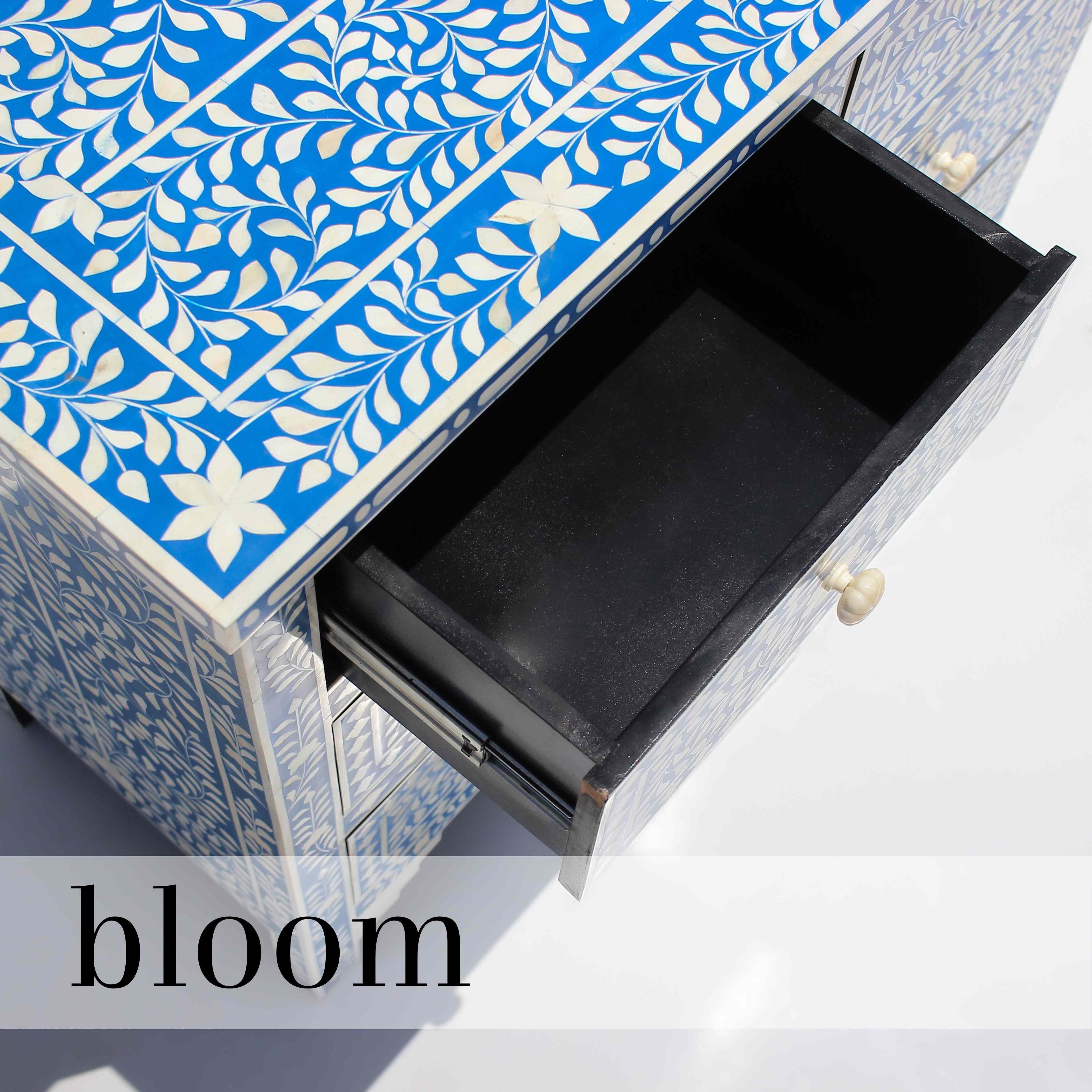 Mid-Century Modern Bloom Blue Floral Pattern Four Drawer Dresser For Sale