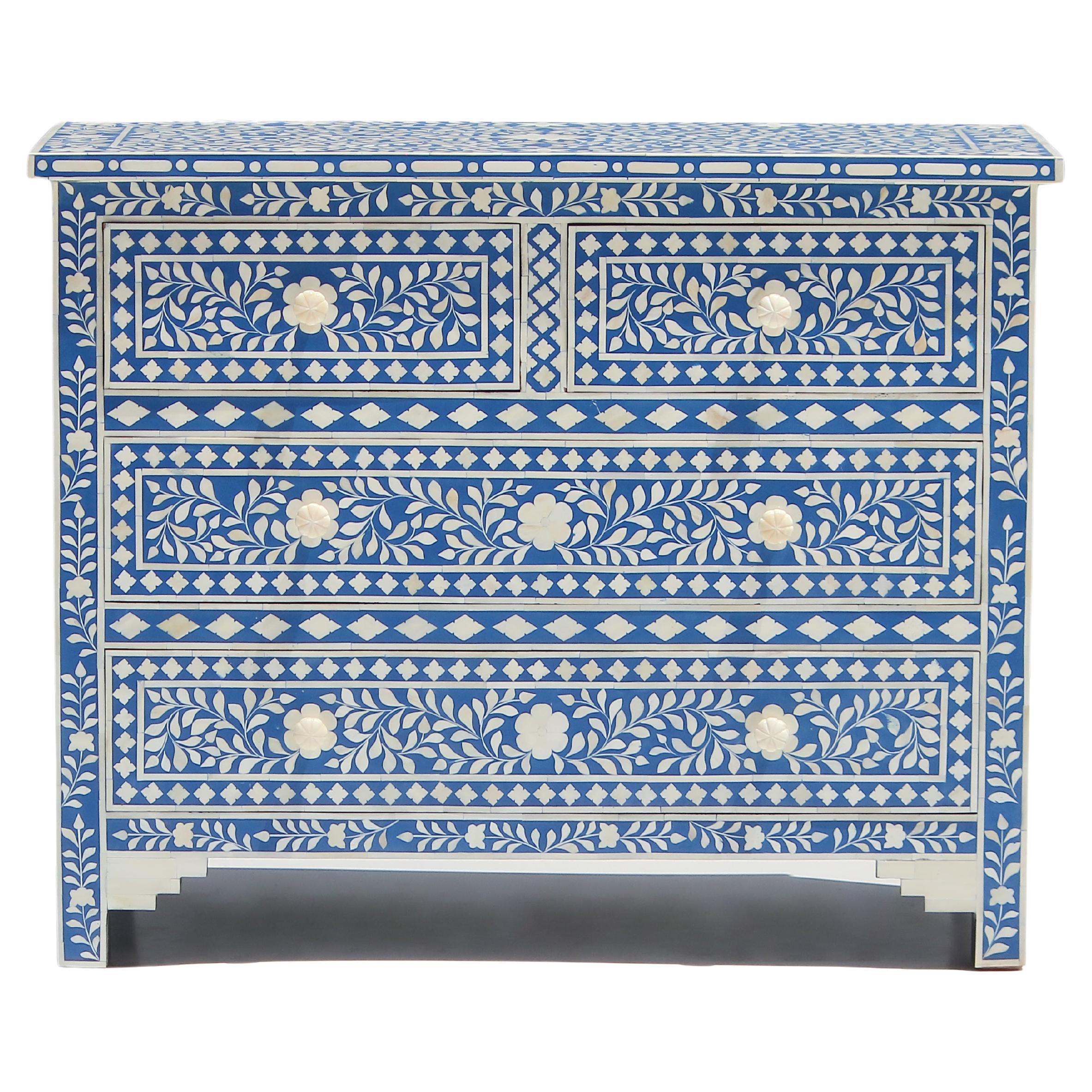 Bloom Blue Floral Pattern Four Drawer Dresser For Sale