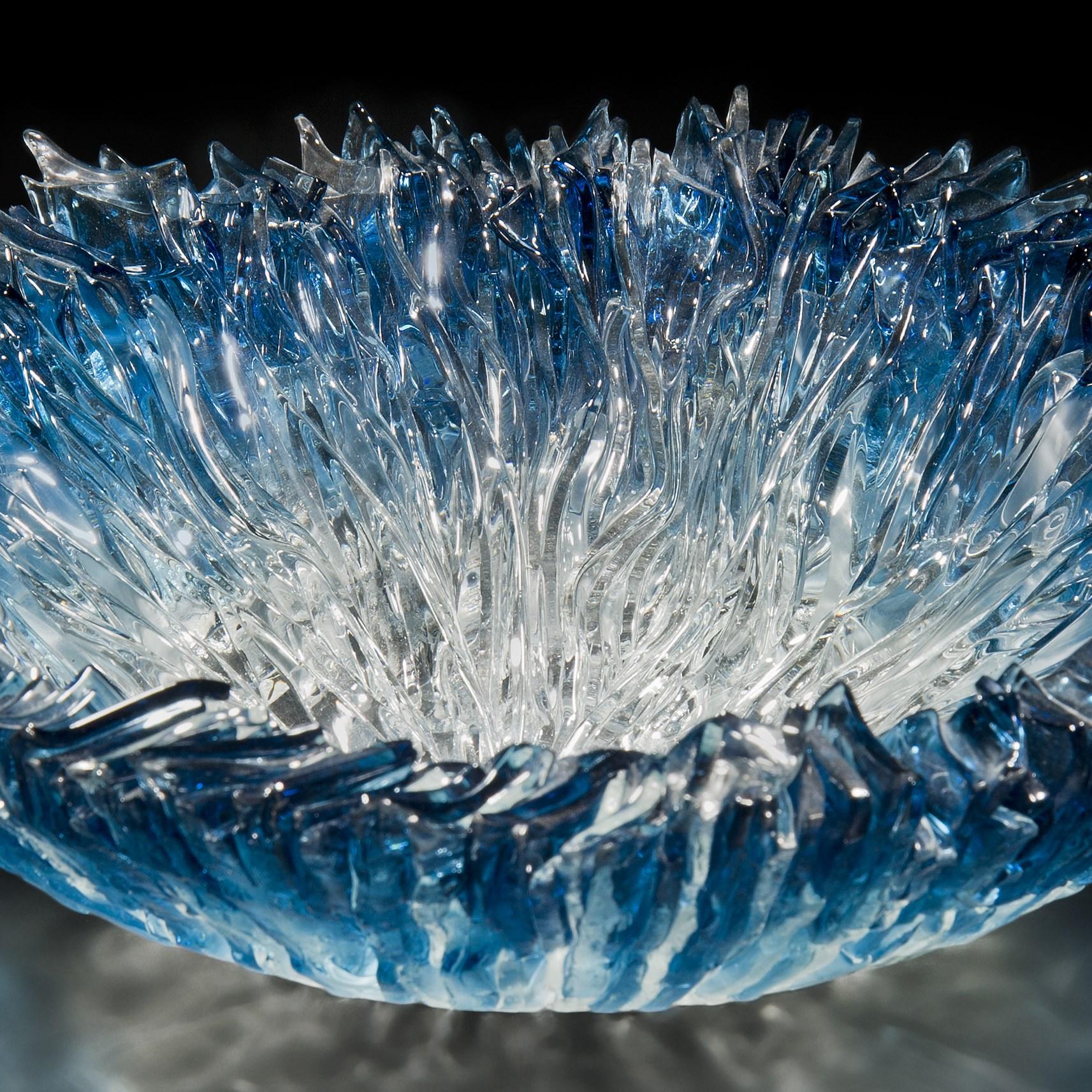 British Bloom Bowl in Aqua, Glass Textured Sculptural Centrepiece by Wayne Charmer