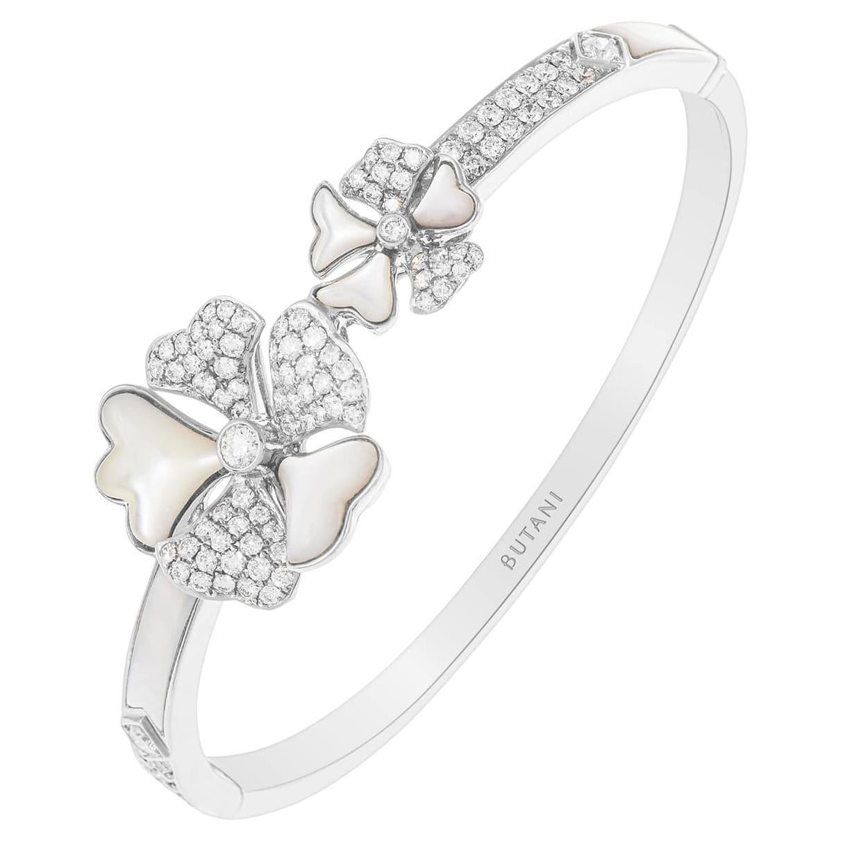 Bloom Diamond and Mother of Pearl Duo Flower Bangle in 18k White Gold For Sale