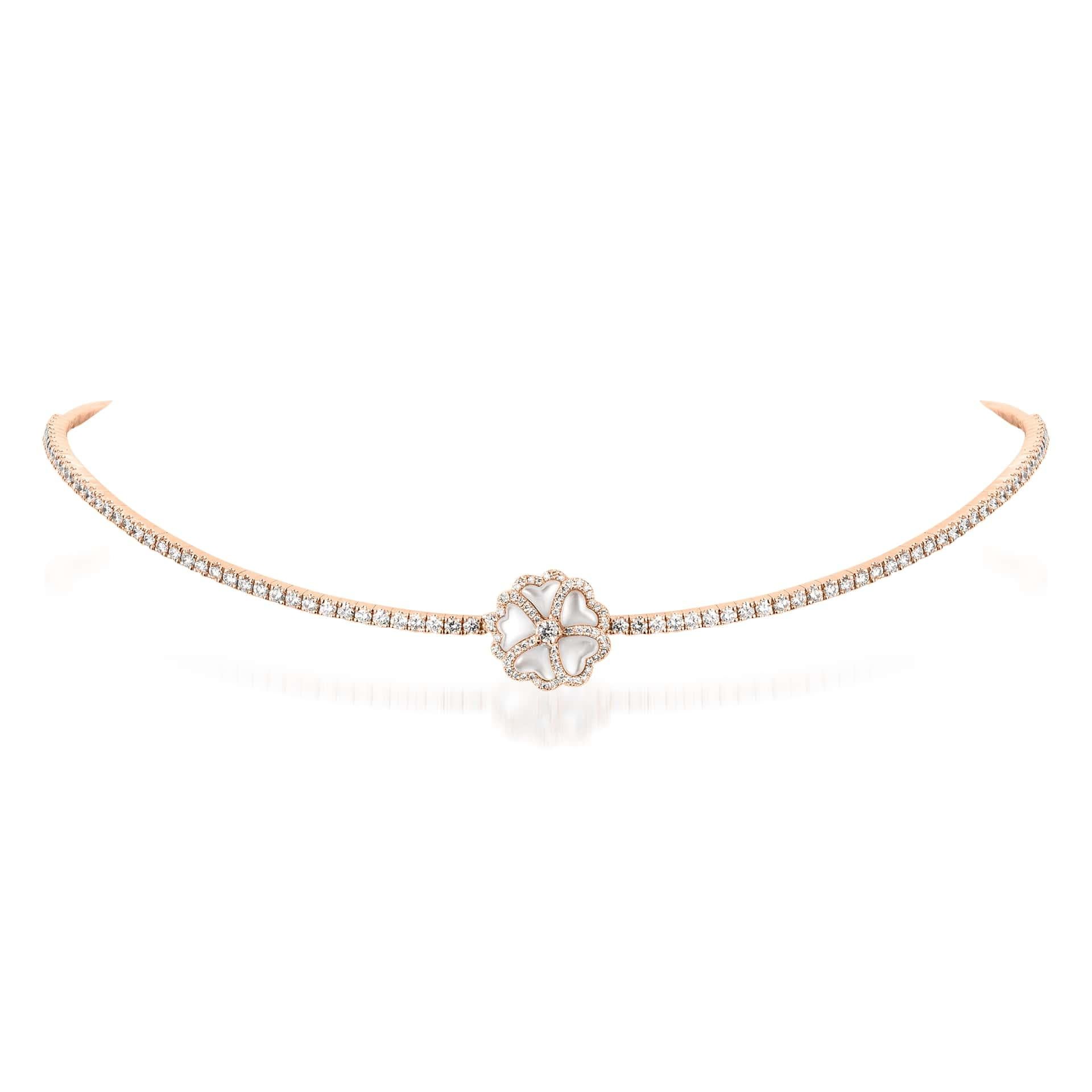 Bloom Diamond and Mother-of-Pearl Flower Choker Necklace in 18K Rose Gold

Inspired by the exquisite petals of the alpine cinquefoil flower, the Bloom collection combines the richness of diamonds and precious metals with the light versatility of