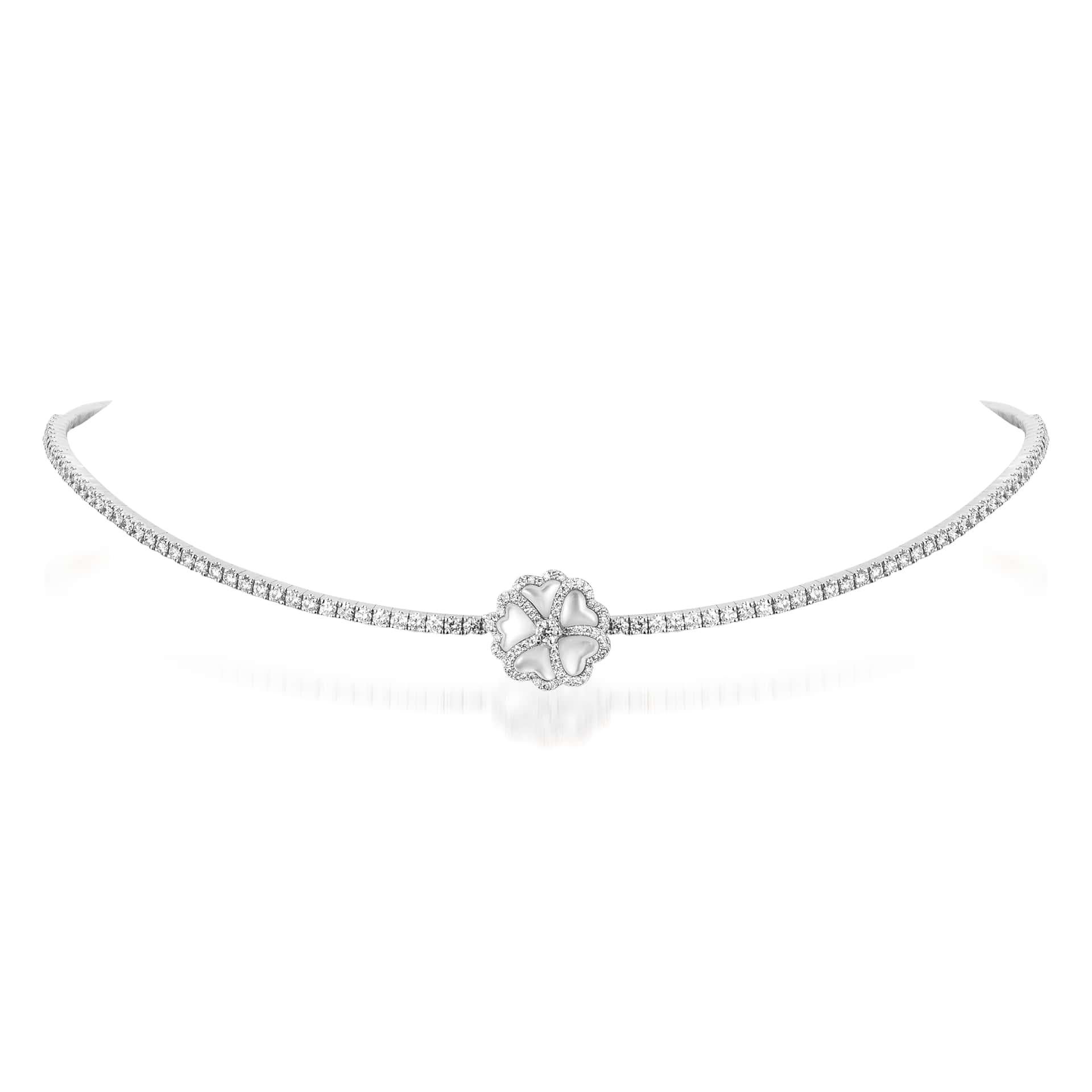 Bloom Diamond and Mother-of-Pearl Flower Choker Necklace in 18K White Gold

Inspired by the exquisite petals of the alpine cinquefoil flower, the Bloom collection combines the richness of diamonds and precious metals with the light versatility of
