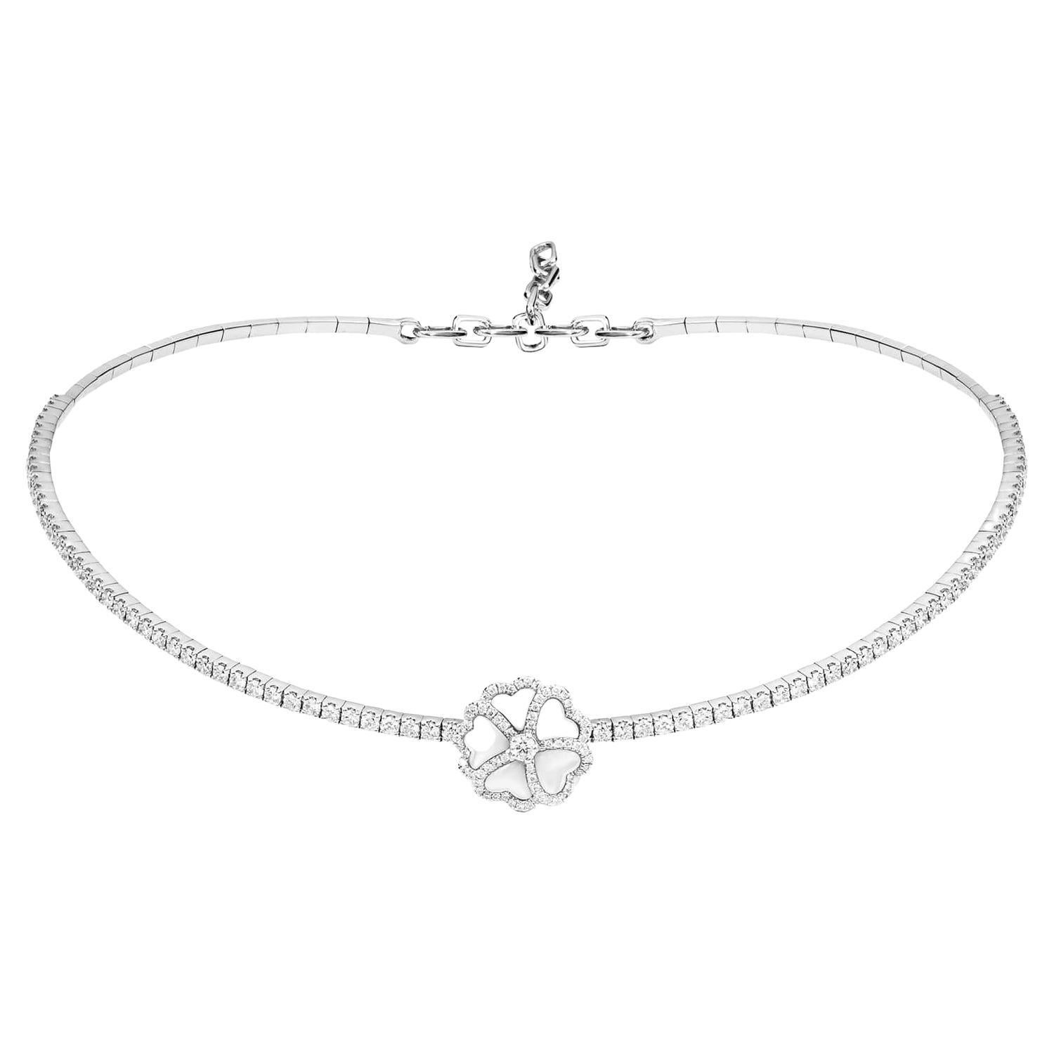 Bloom Diamond and Mother of Pearl Flower Choker Necklace in 18k White Gold