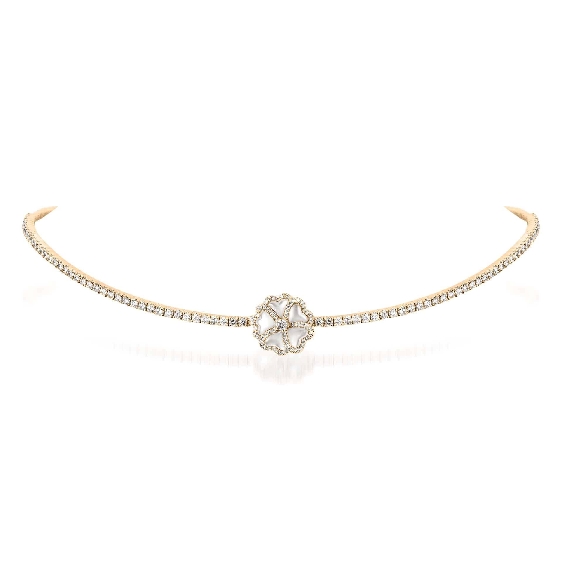 Bloom Diamond and Mother-of-Pearl Flower Choker Necklace in 18K Yellow Gold

Inspired by the exquisite petals of the alpine cinquefoil flower, the Bloom collection combines the richness of diamonds and precious metals with the light versatility of