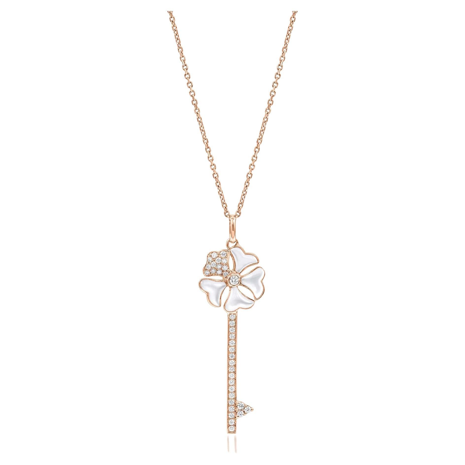 Bloom Diamond and Mother of Pearl Key Necklace in 18k Rose Gold For Sale